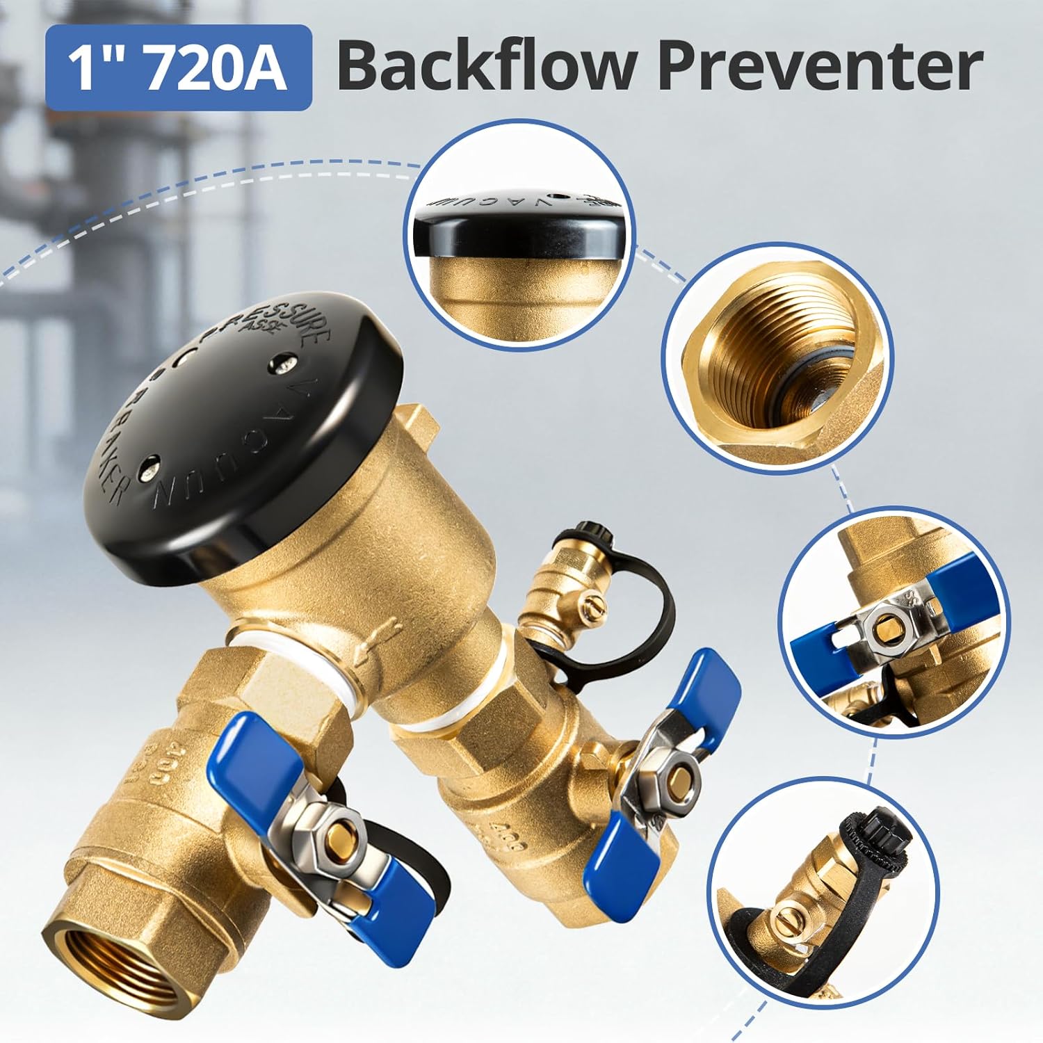 1" 720A Pressure Vacuum Breaker Assembly, Solid Brass Backflow Preventer,Max 400 PSI,Back flow Preventer Valve for Lawn Irrigation System, Garden Sprinkler, Commercial Water Supply Systems