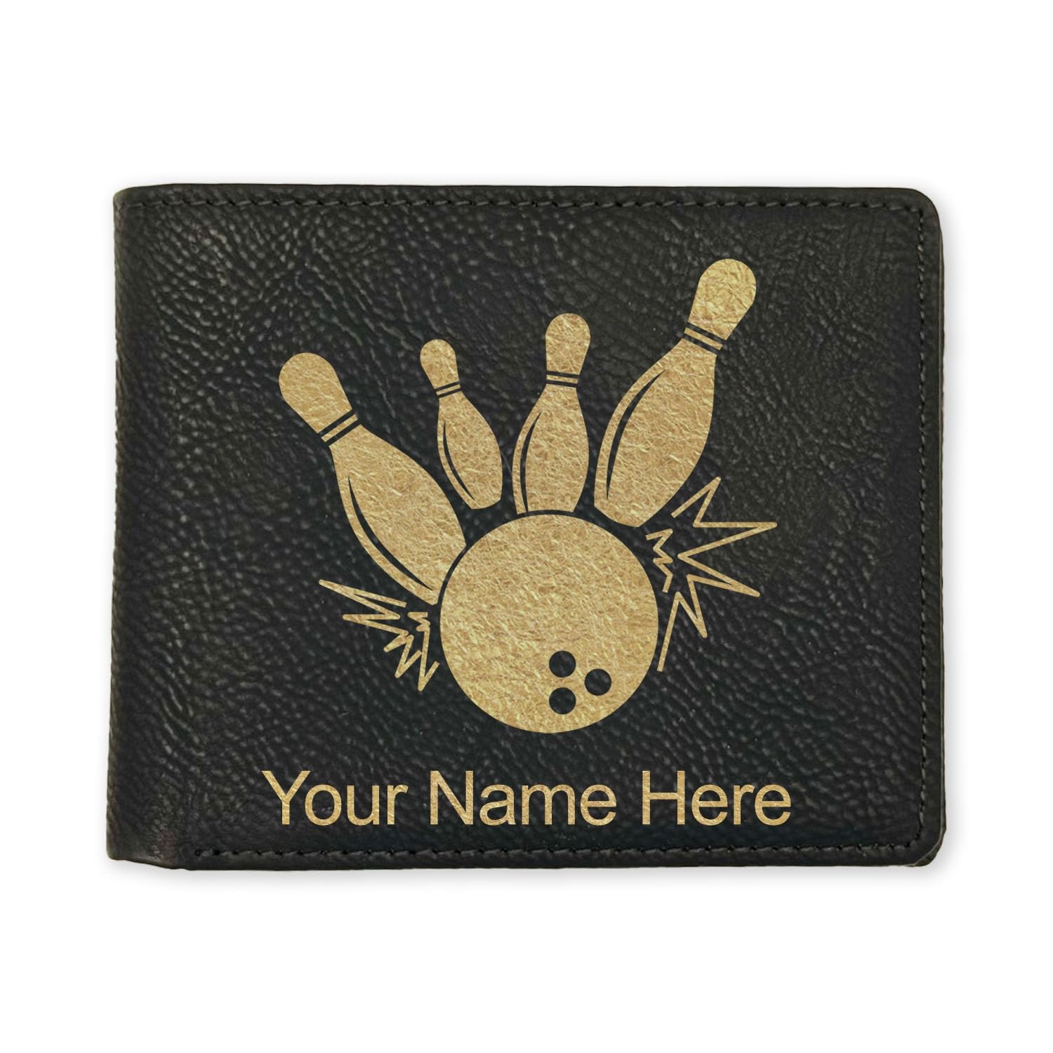LaserGram Faux Leather Bi-Fold Wallet, Bowling Ball and Pins, Personalized Engraving Included (Black with Gold)