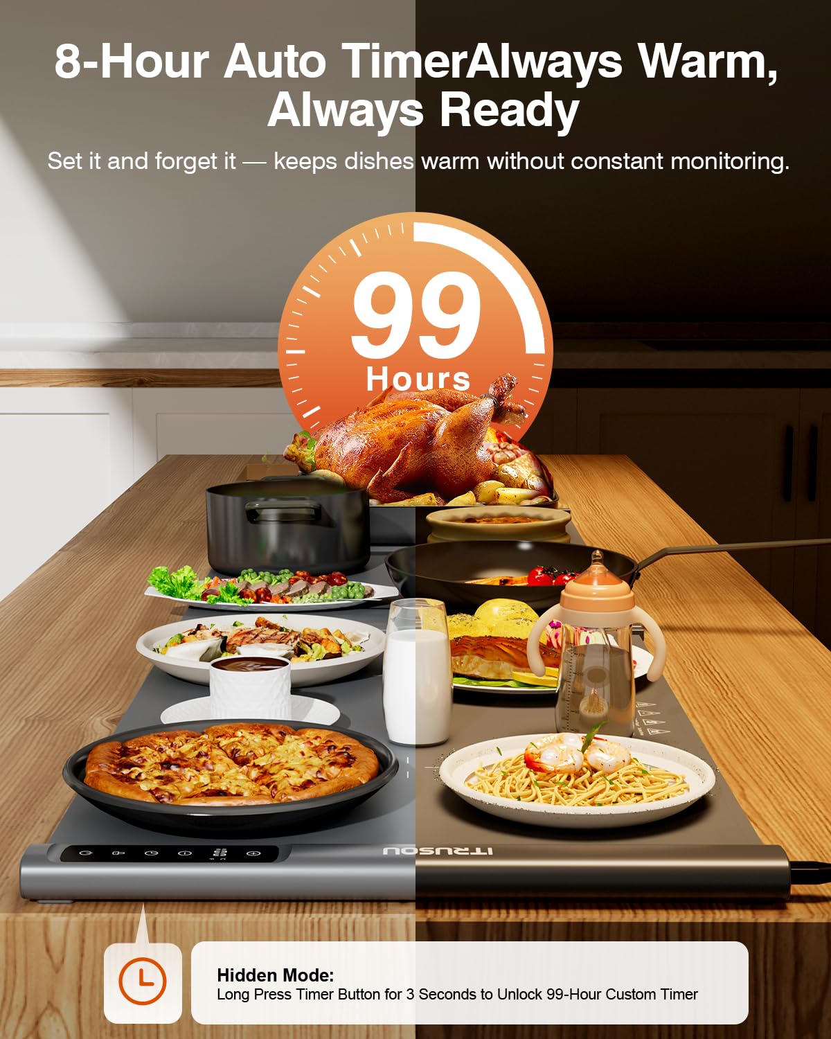 Expandable Warming Mat for Food – iTRUSOU 38"x16" Silicone Warming Tray with 7 Temp Settings, Switchable℃/℉, 99H Timer, Child Lock – 2 Panels Custom Sizes for Energy Efficiency — Amazon image 3