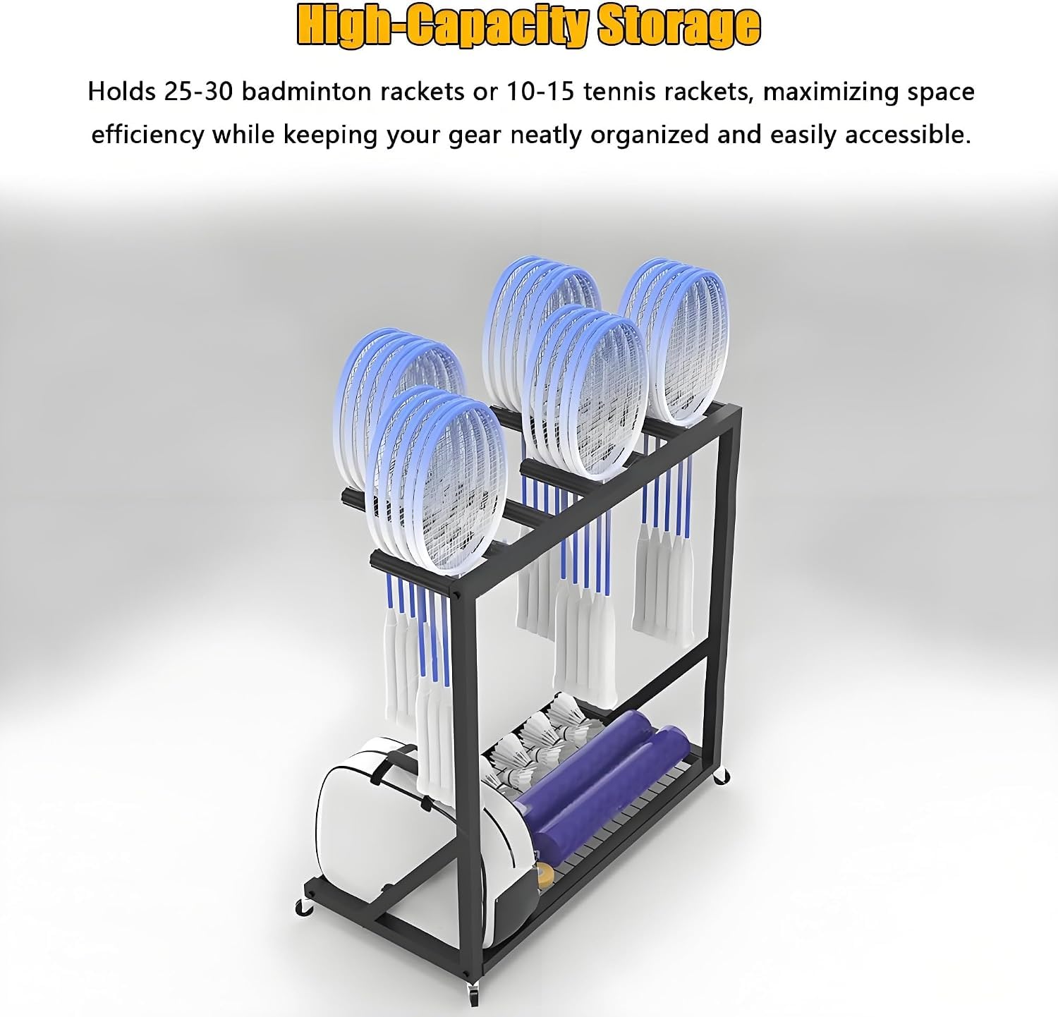Ampio scaffale porta racchette per badminton e tennis, carrello espositivo con ruote e base in rete.