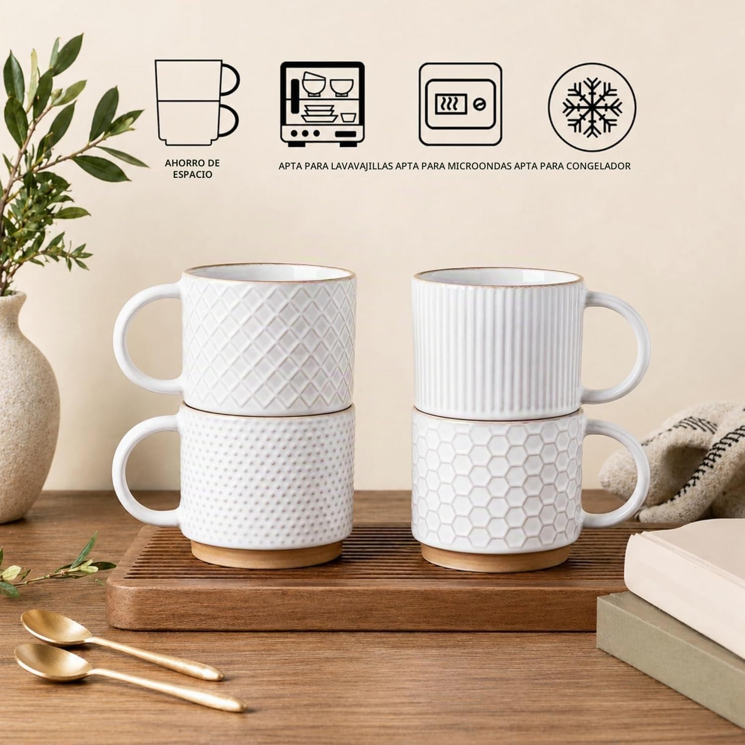 GBHOME Juego de 4 tazas apilables de cerámica con textura de 350ml para hombres, mujeres, padre, madre, tazas modernas, aptas para el microondas y el lavavajillas, para café con leche/capuchino/cacao