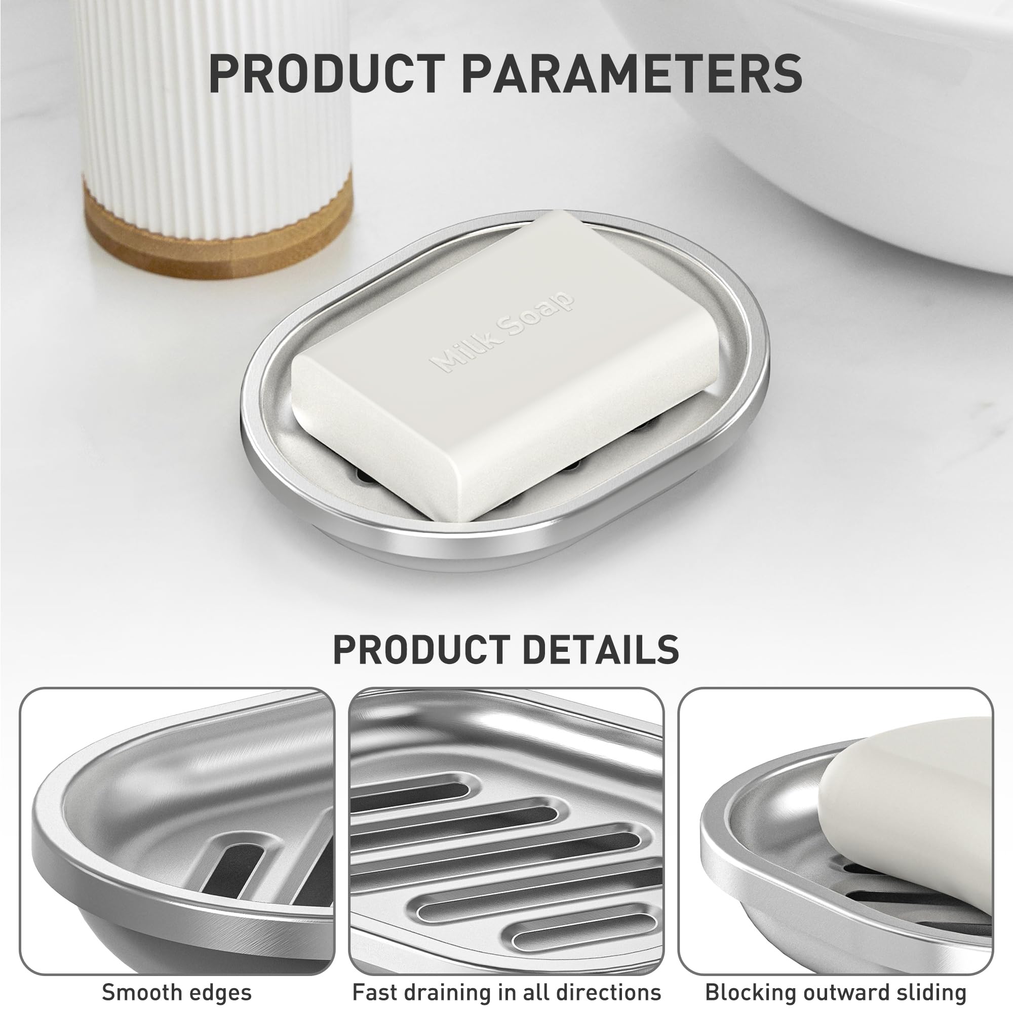Jabonera de acero inoxidable con boquilla de drenaje, protector de jabón de metal cepillado para baño, ducha, bañera, fregadero de cocina, duradero y elegante 4