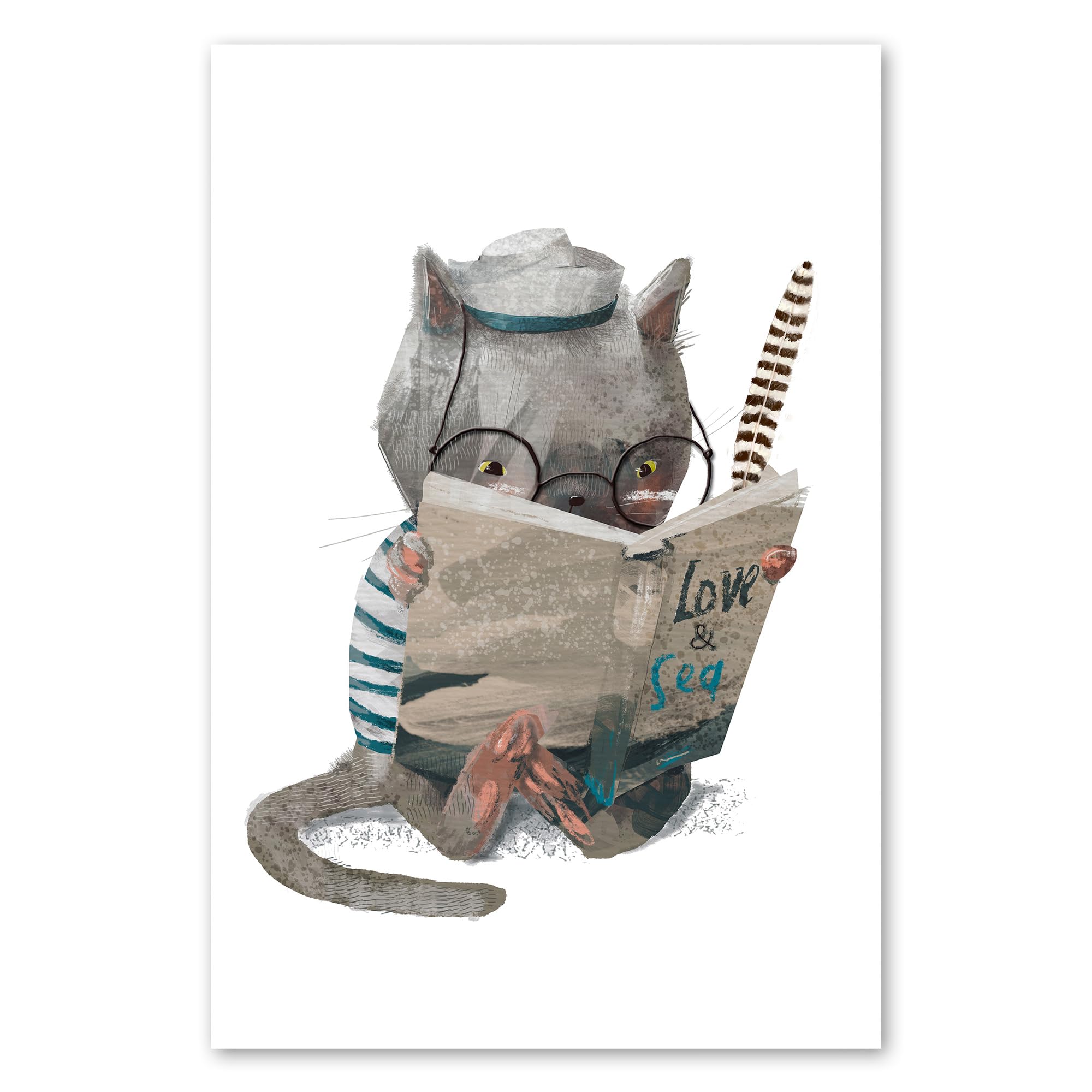 Postereck - 4062 - Tirage Chambre Enfant Chat Livre Lecture Doux Lac – Art Mural, Jeunesse, Faune, Décor - toile - 100,0 cm x 75,0 cm