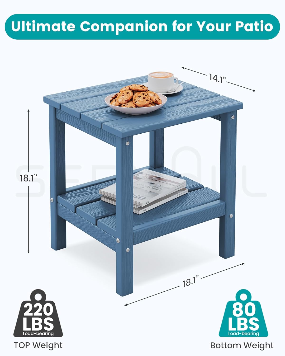 SERWALL 2-Tier HDPE Outdoor Side Table, Weatherproof Rectangular Adirondack Side Table, Blue