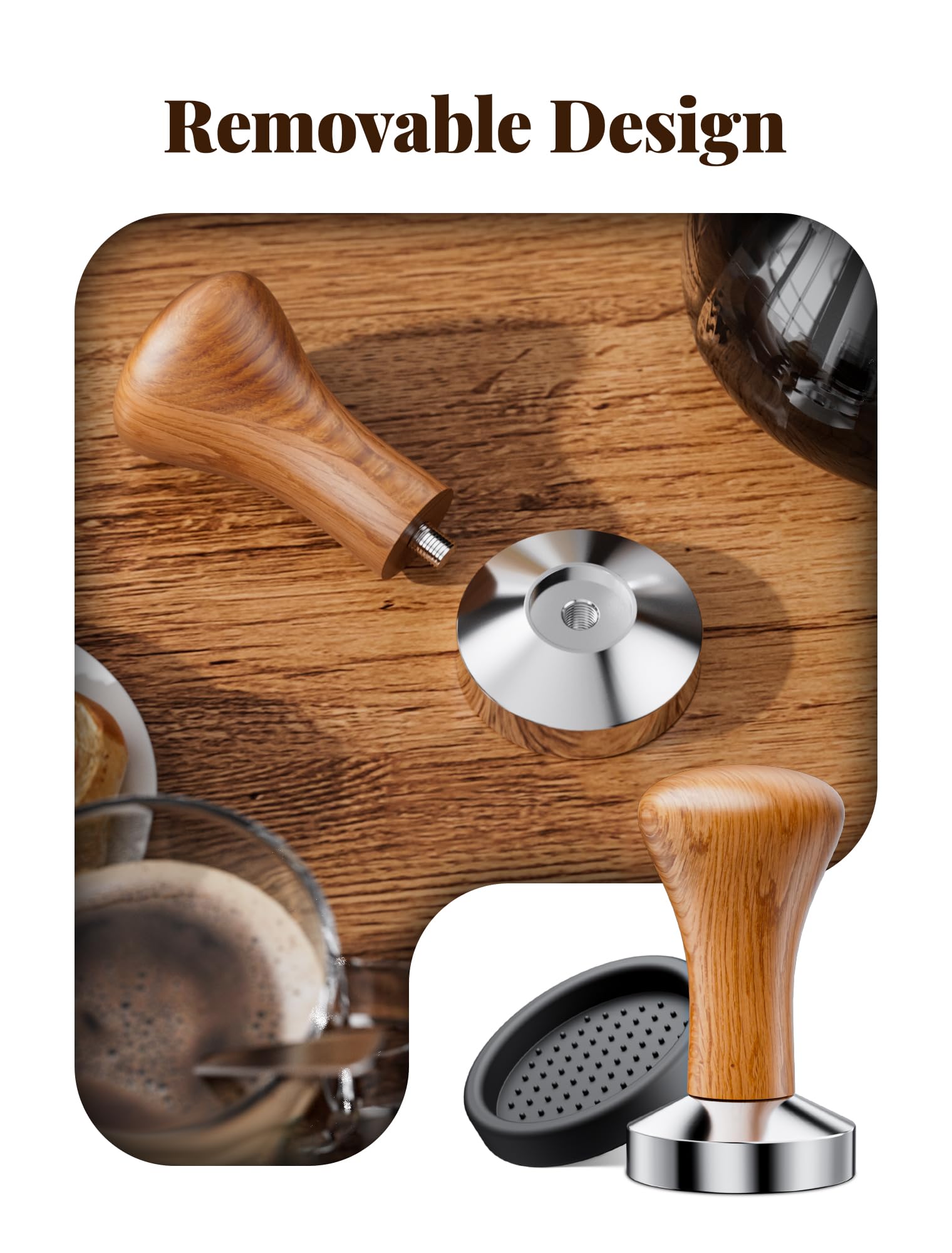 Pressino Per Caffè 51 Mm Con Tappetino In Silicone - Base In Acciaio E Manico Legno - 2