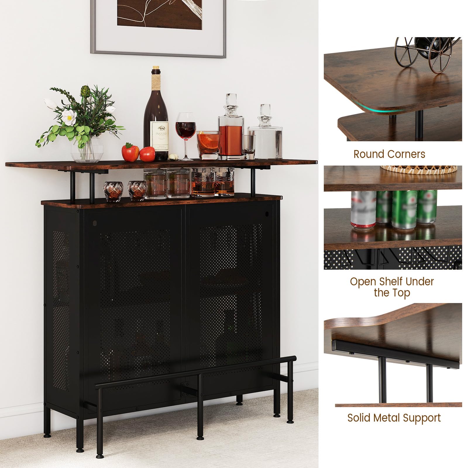 KOMFOTTEU Table de Bar avec 1 Étagère surélevée et 6 Porte-gobelets, Table à Vin à 4 Niveaux, Tables pour Boire Cuisine, Repose-Pieds, Style Industrielle, noir, 120 x 50 x 106,5 cm (Rectangulaire 2.0)