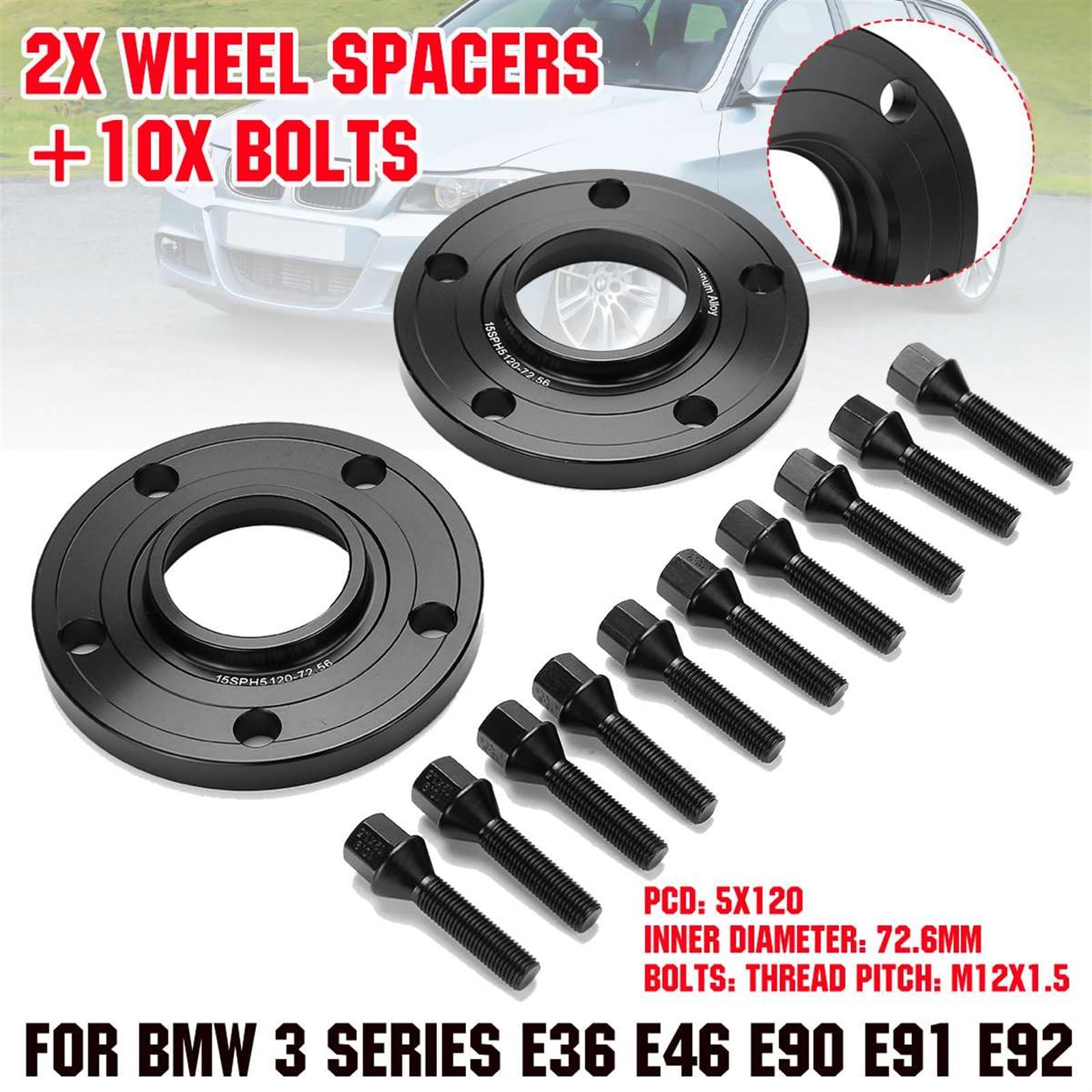 15mm adaptery dystansowe kół PCD 5x120mm 72.56mm dystansowa piasta opony centryczne, dla BMW, E46 E60 E82 E88 E30 E36 E28 E34 E90 E91 E92 E24 Hubcentryczne dystanse kół(2pcs)