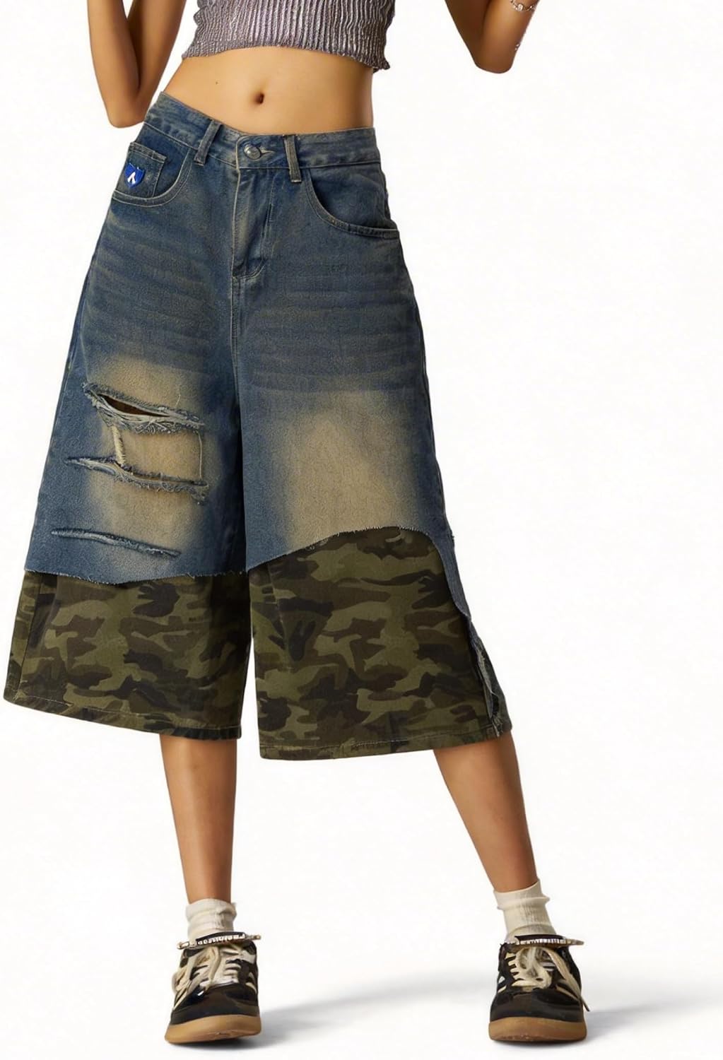 Aelfric Eden Camo Baggy Jorts Distressed Patchwork Denim Shorts Streetwear Vintage Summer Unisex Wide Leg Jean Shorts
