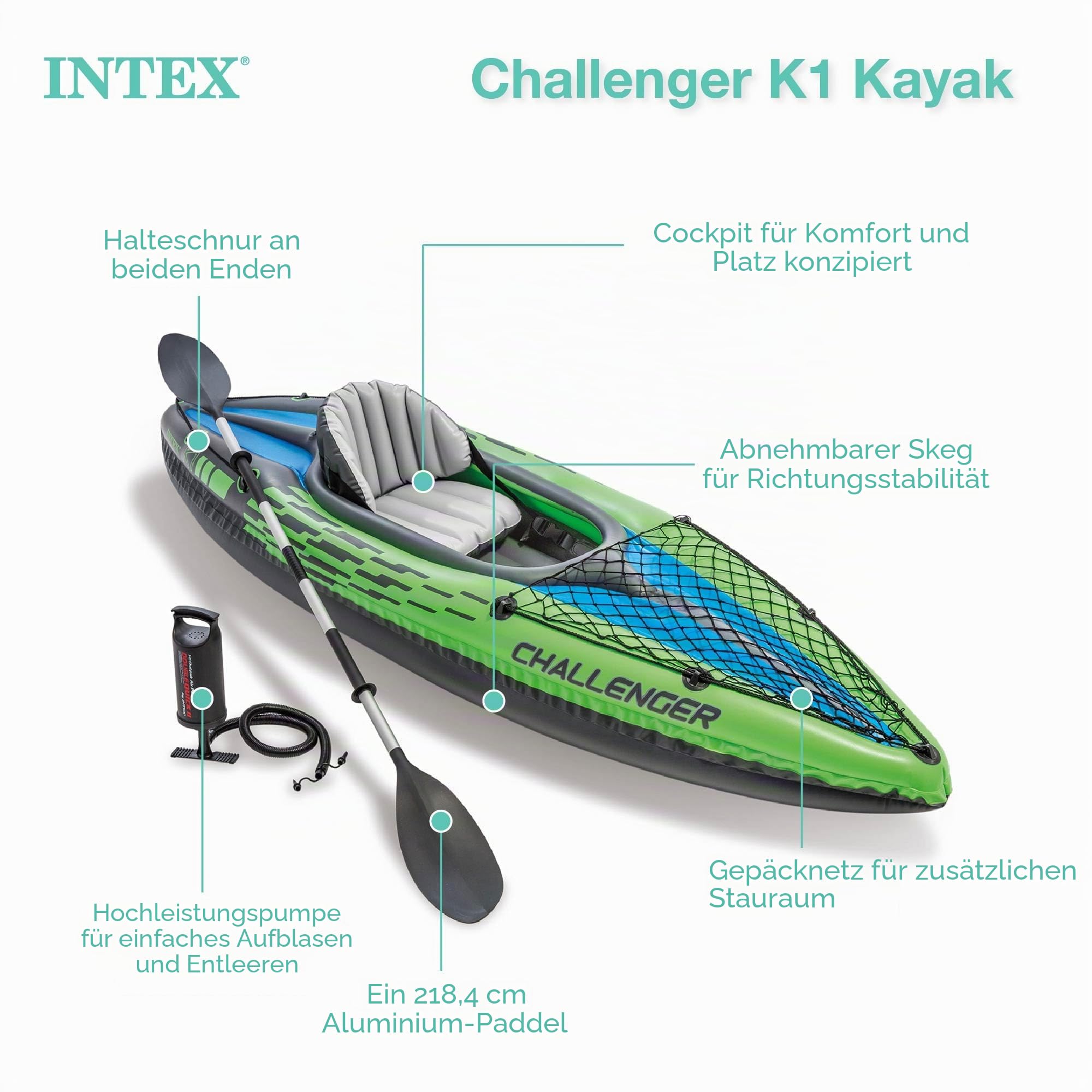 Intex Unisex Boot Challenger K1 Phthalates Free Inkl. 84 Paddel und Luftpumpe Schlauchboot/aufblasbares Kajak, grün/blau, 274 X 76 X 33 cm 68306EP