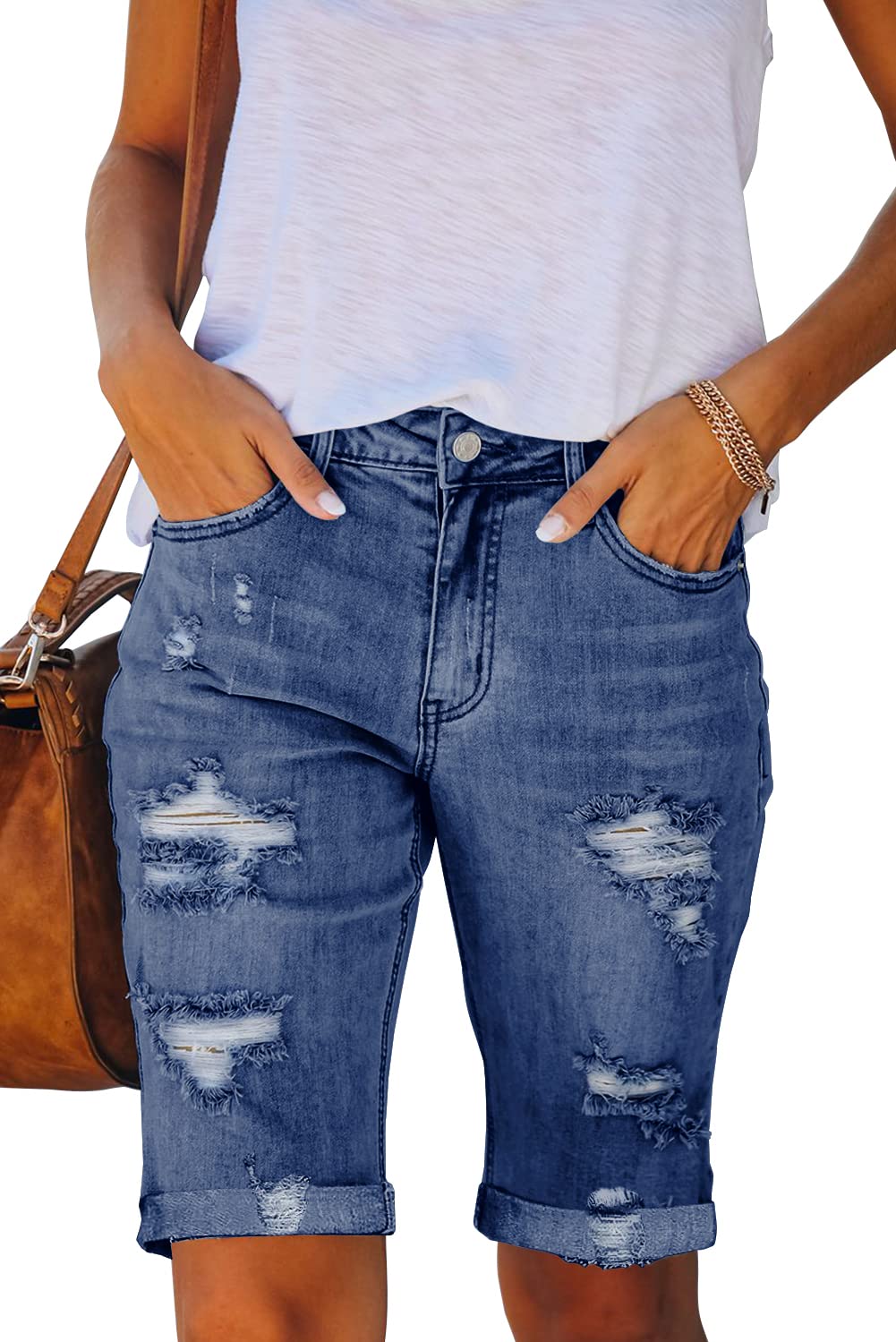 Necooer Damen Sommer Casual Denim Shorts Doppelknopf Zerrissene Jeans Aufgerollt Stretchy Hot Short(S,09-Blau)