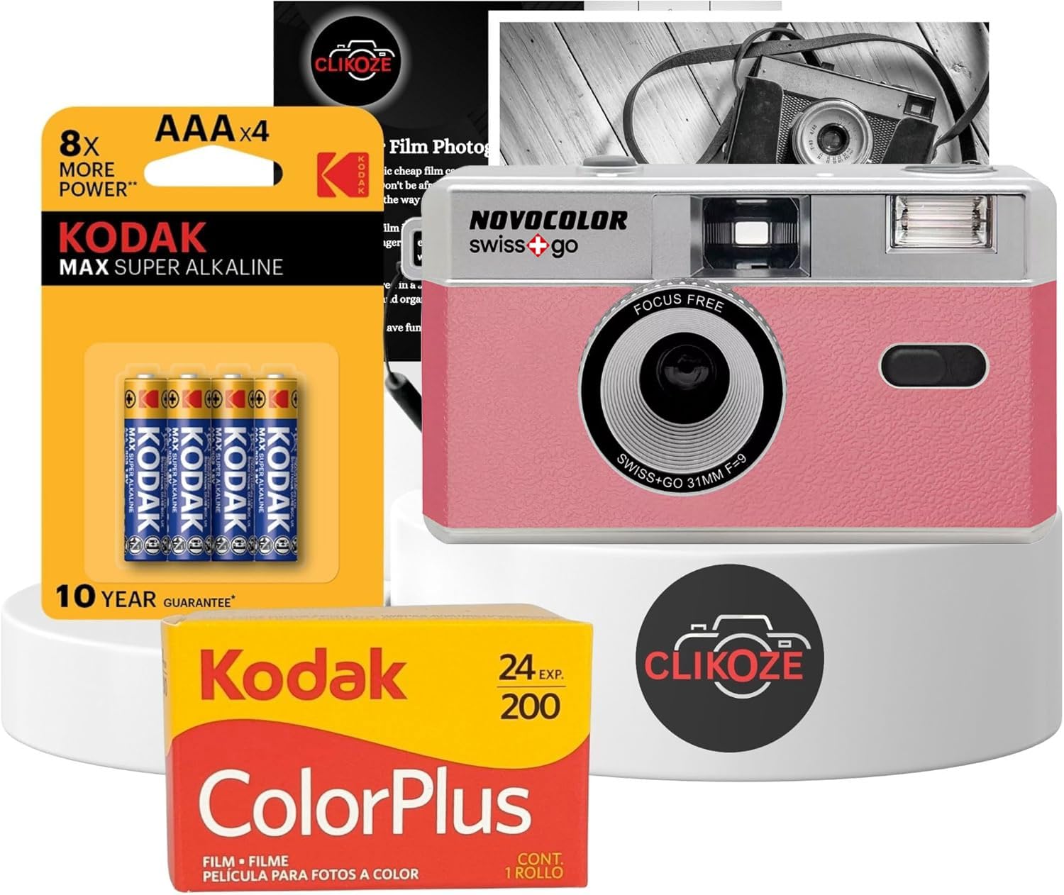 35mm Film Camera Bundle Includes Pink Swiss+Go Novocolor Analogue Film Camera with Kodak ColorPlus 24 EXP Film, Kodak Max Super Alkaline AAA Batteries and Clikoze Film Photography Tips Card