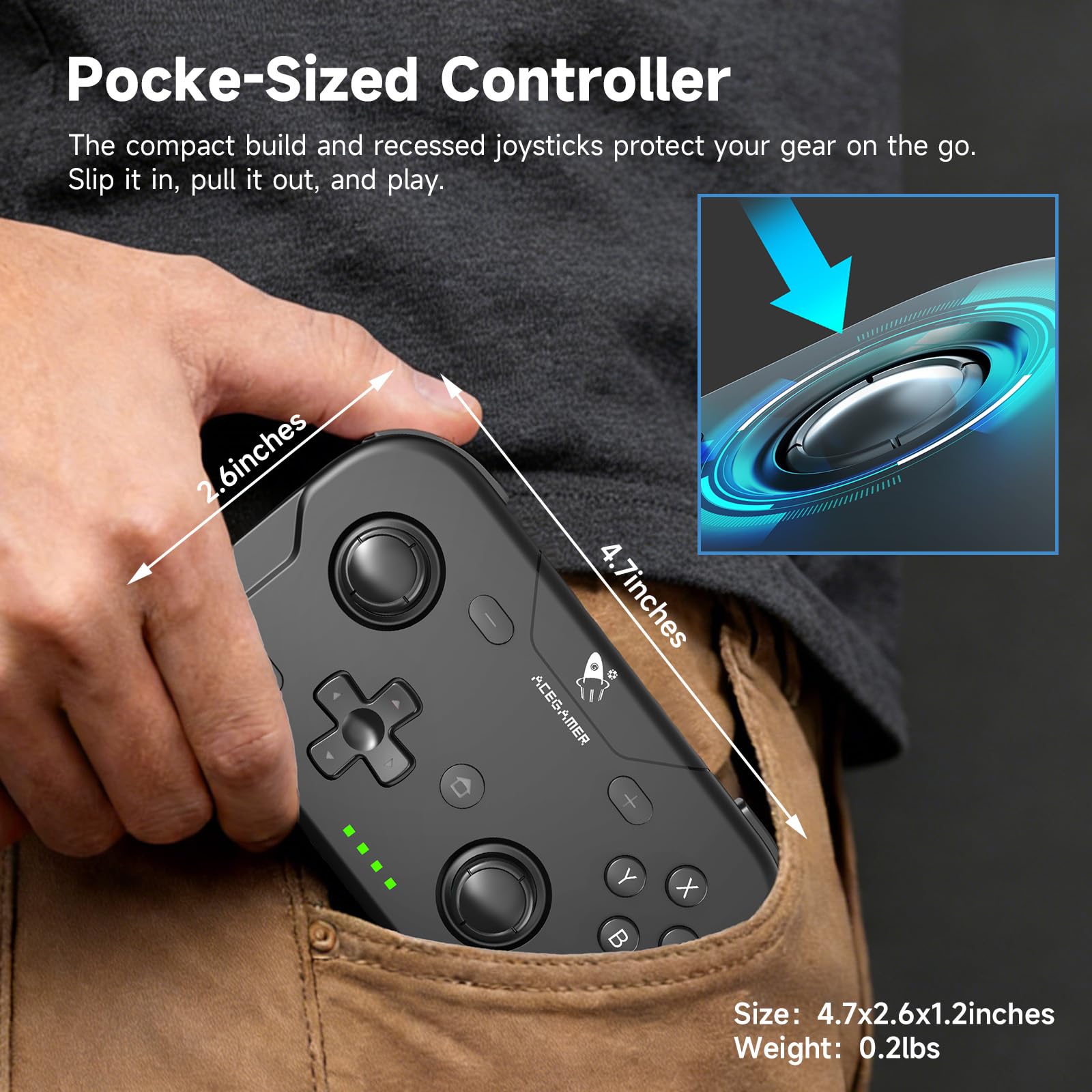 AceGamer Pocket Controller, Mando inalámbrico para Switch/PC/iOS/Android, minicontrolador con Joystick, Turbo, Sensor giroscópico de 6 Ejes y activación con un Solo botón（Negro）