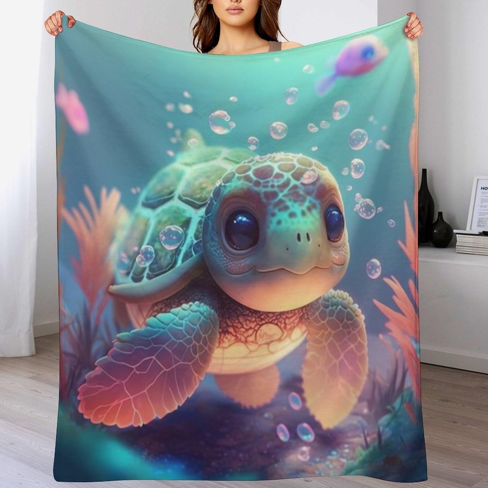 Couverture en flannelle moelleuse et chaude motif tortue lavable 130x150cm