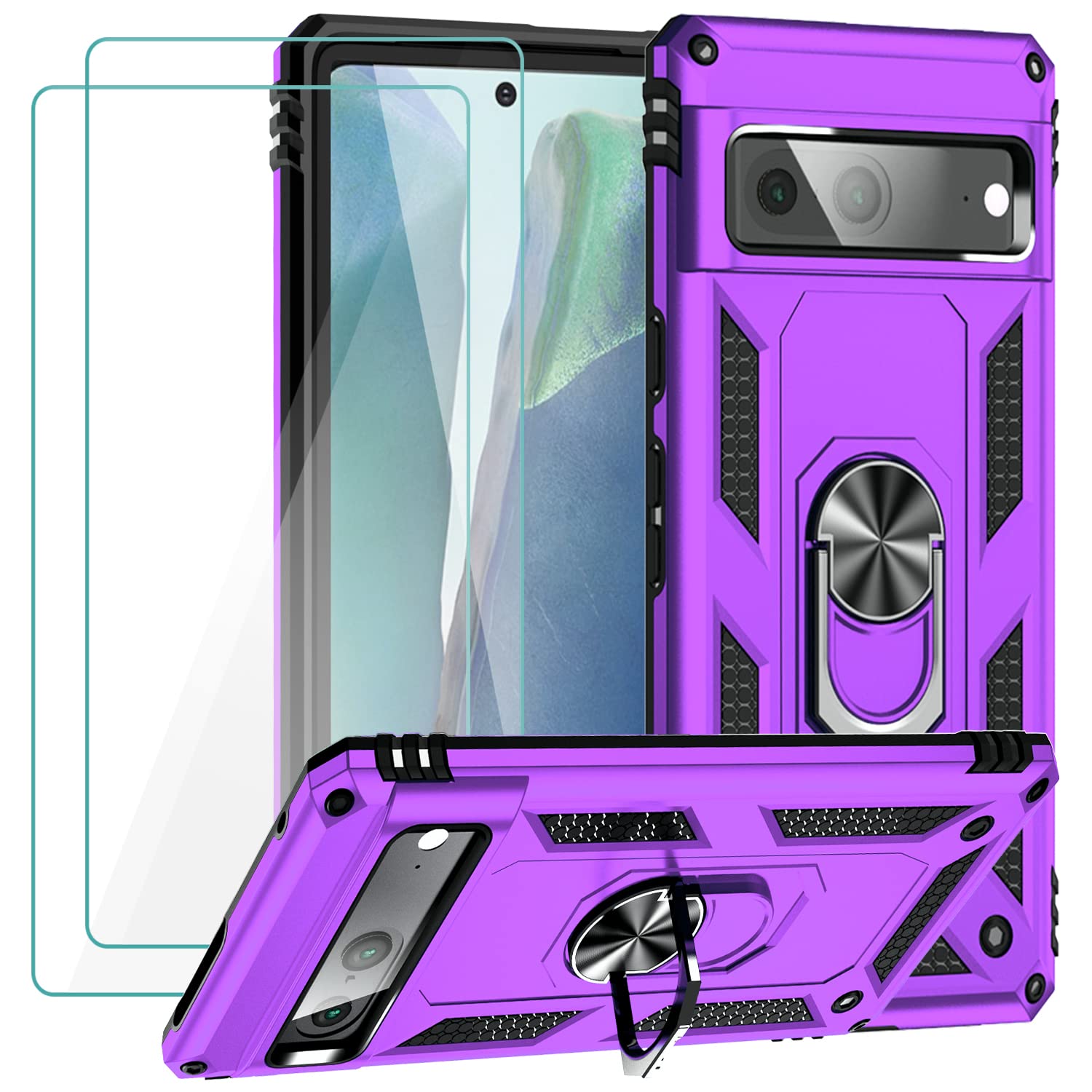 Muntinfe for Google Pixel 7 Case with Tempered Glass Screen Protector [2 Pack], Military-Grade Armor Shockproof Protective Phone Cover with Ring Magnetic Kickstand for Pixel 7, Purple