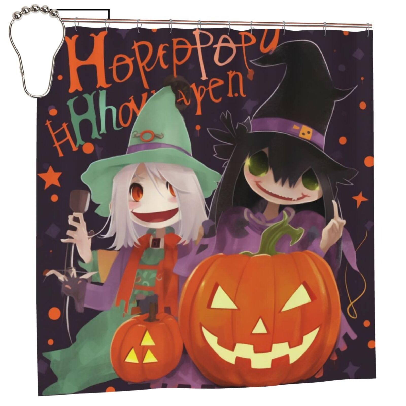 BWWHCCTI Happy Halloween Printed Shower Curtain With 12 Iron Hooks Opaque Quick Drying Waterproof Shower Curtains Sets For Bathroom 183x183 CM
