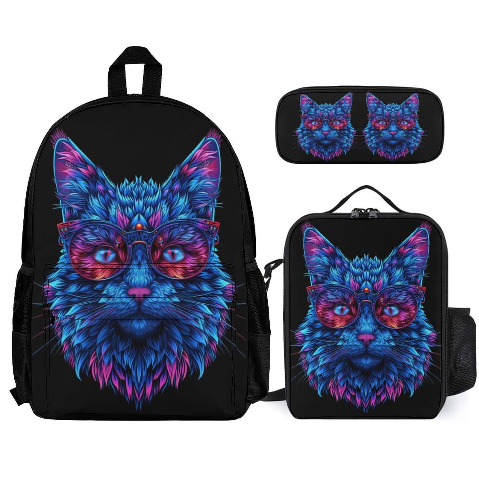 Sac à Dos Chaton Primaire Élèves avec Lunch Bag et Trousse, Ensemble Cartable Chat CP CE1 CE2 pour École Quotidienne