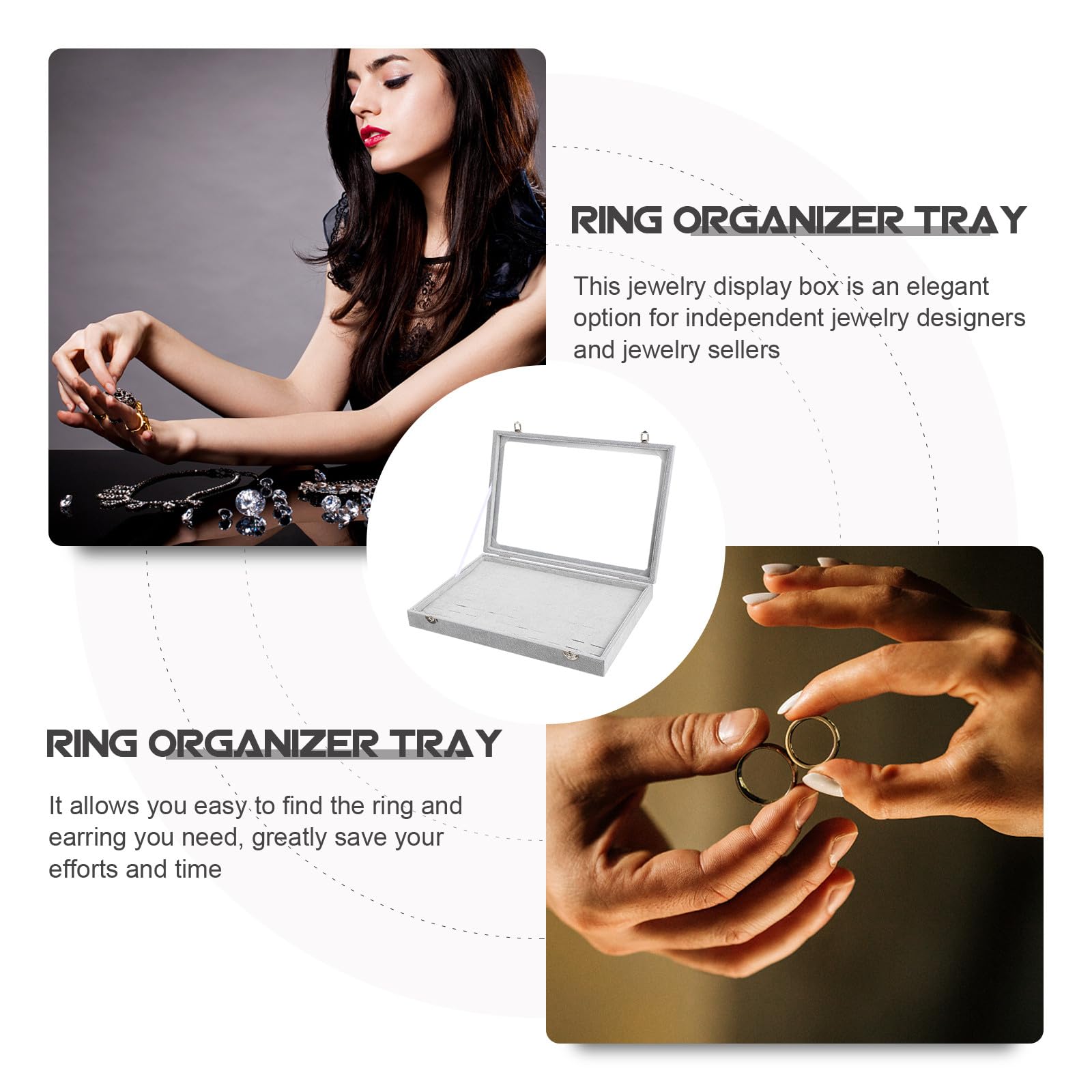 Caja Organizadora para Anillos con Tapa Transparente 100 Ranuras para Exhibición y Almacenamiento de Joyas Bandeja de Terciopelo Gris para Organización en Tocador Vitrina