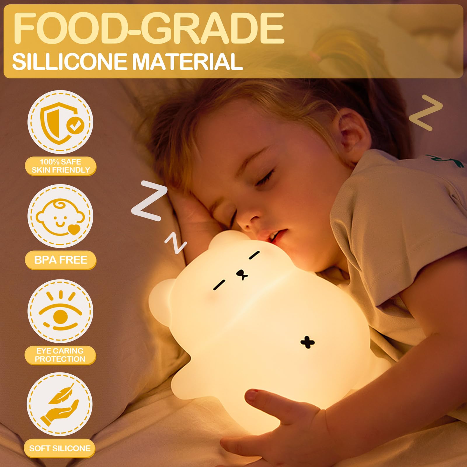 Luz nocturna de oso blanco ronquido, lámpara blanda recargable – Luz nocturna LED de silicona para guardería de animales Dimmanble Touch – Regalo lindo divertido de cumpleaños y Navidad para
