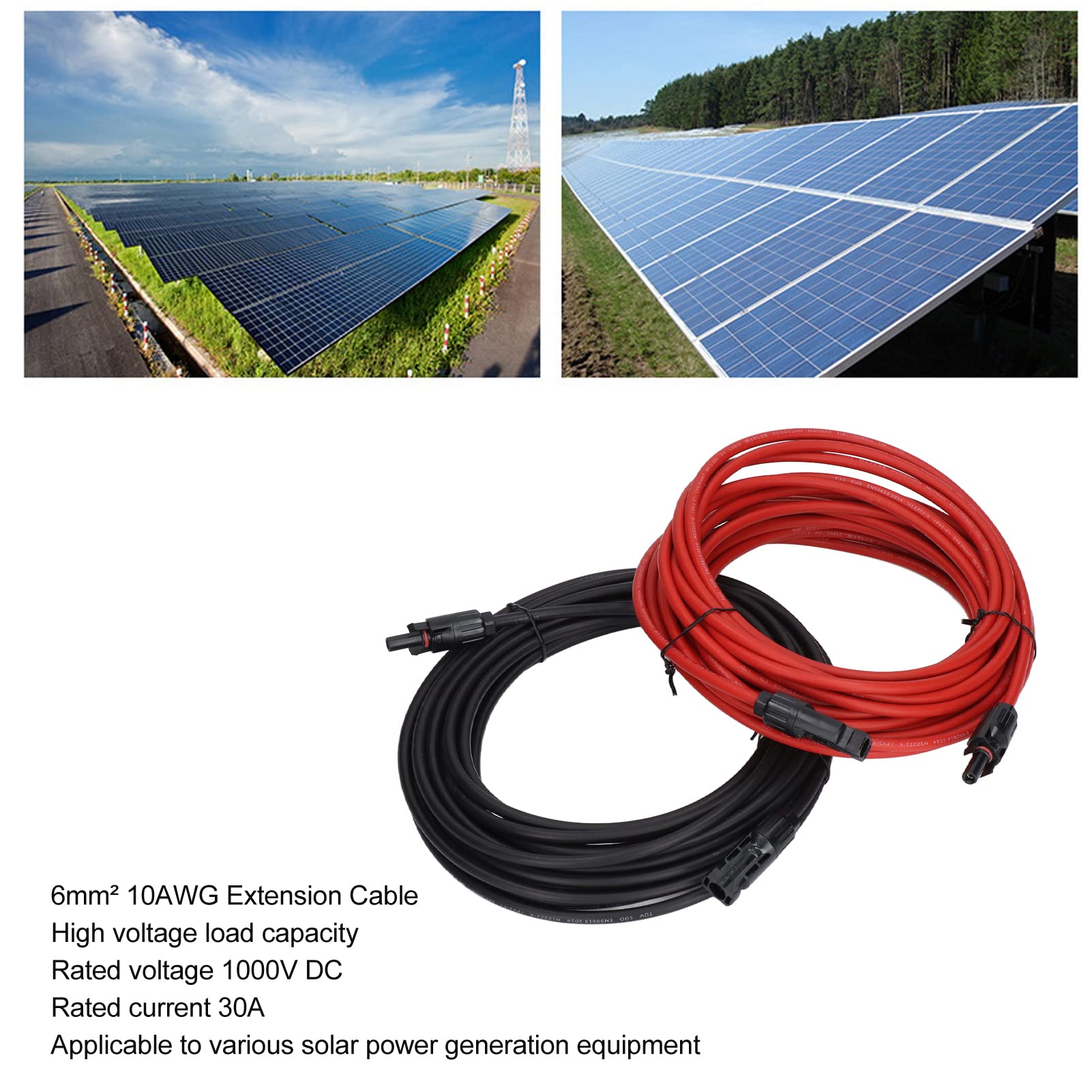 Cable de Extensión de Panel Solar, Resistencia a la Oxidación 10AWG Cable de Extensión Solar 2 Piezas Resistencia a Baja Temperatura Revestimiento Ignífugo para Equipos Generadores