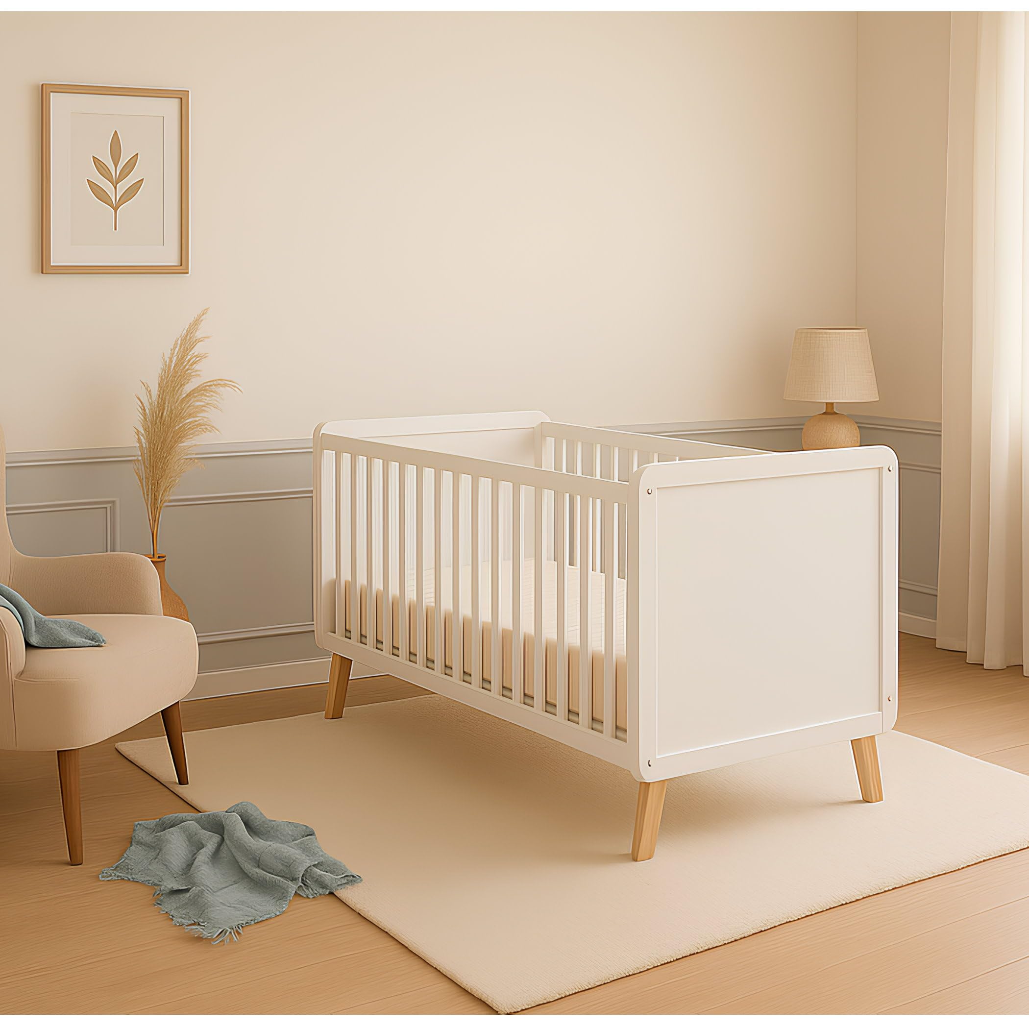 Generisch Baby Delux Babybett 60x120 Kinderbett umbaubar zum Juniorbett weiß höhenverstellbar mit Schlupfsprossen (Lou weiß Kiefer)