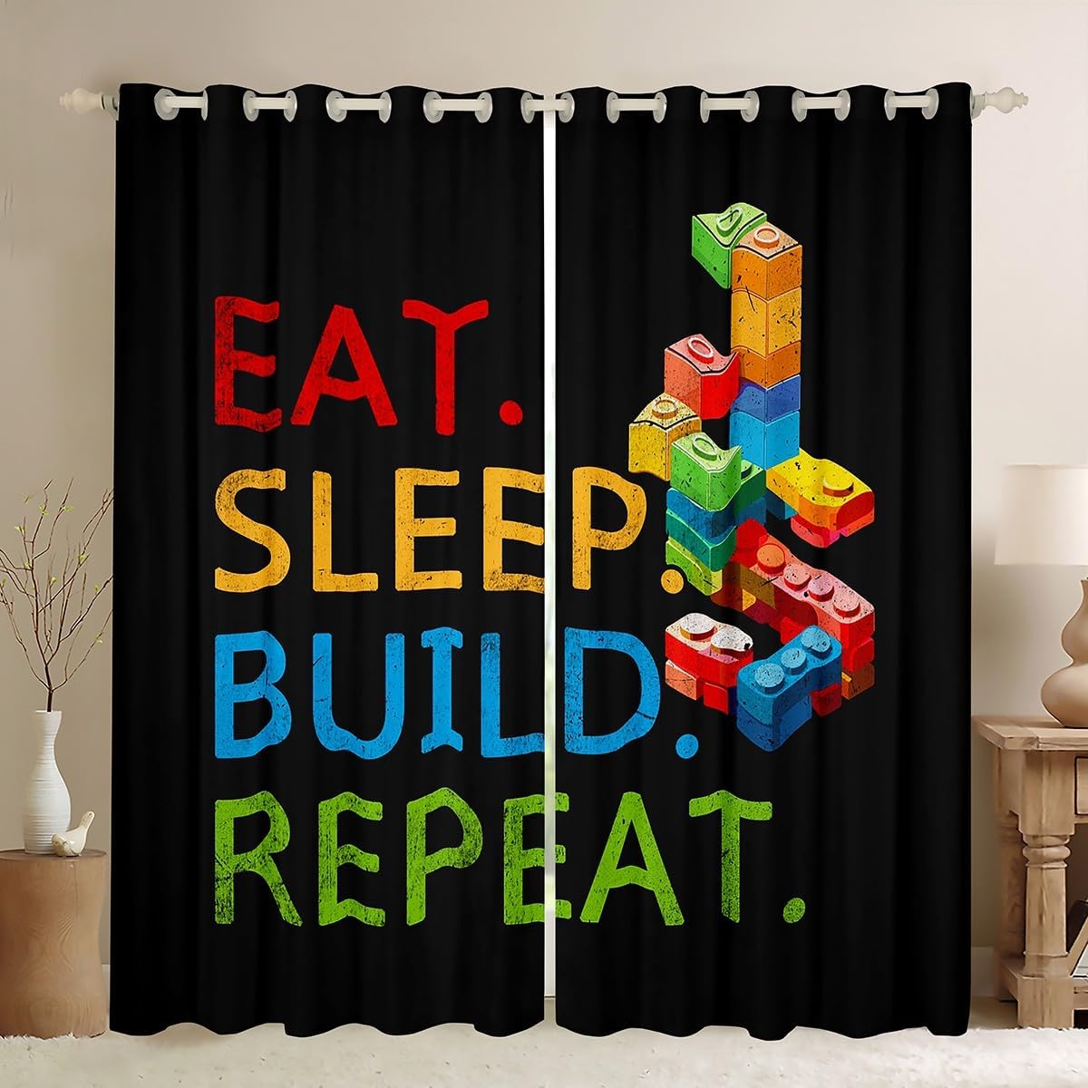 Feelyou Colorful Toy Window Curtains for Bedroom Teen Funny Building Blocks Decoration Window Drapes Treatments Cute Games Curtains Colorful Geometric Brick Room Decor, 38W X 45L,2 Panels