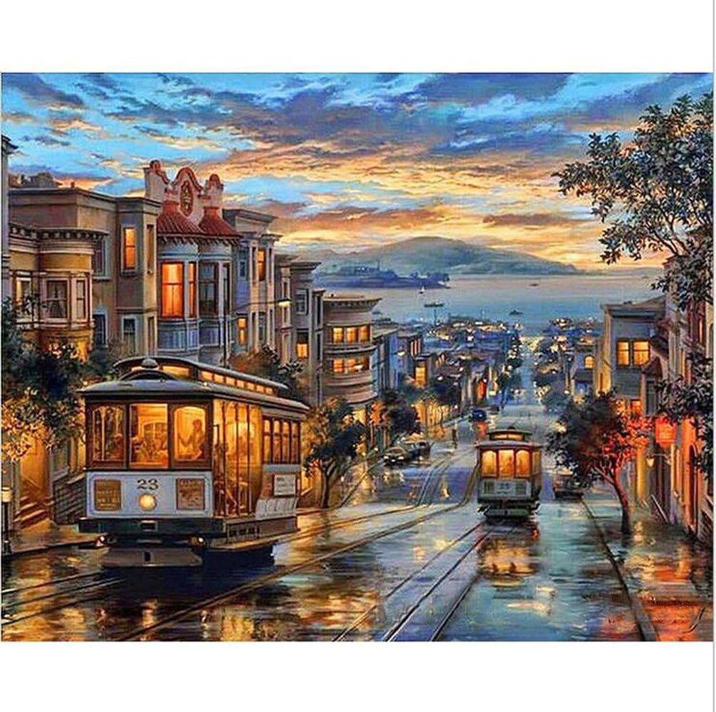 DIY Oil Paint by Number Kit,Painting Paintworks Retro Tramway Wall Art Picture Drawing with Brushes 16 * 20 inch Christmas Decor Decorations Gifts(Without Frame)