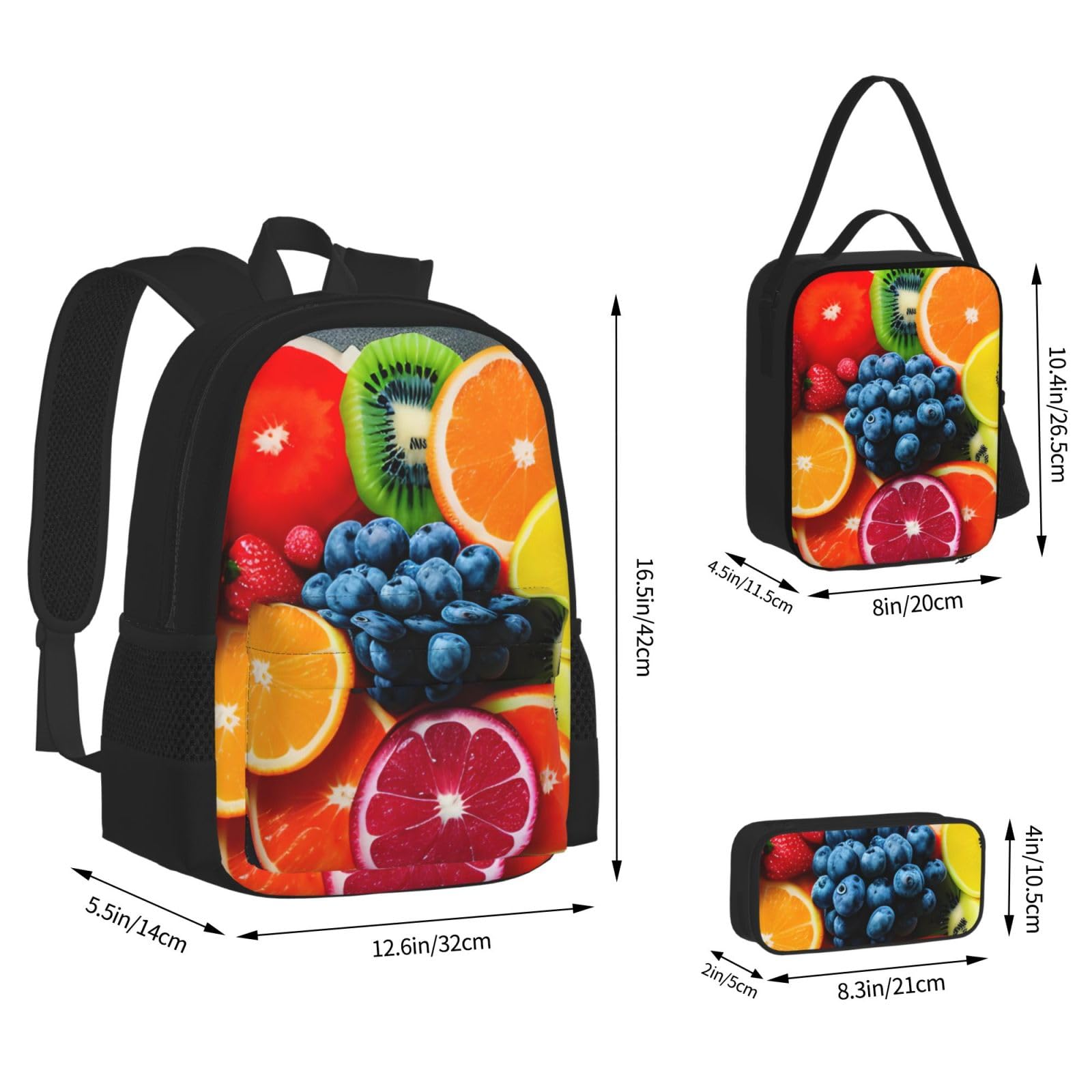 Juego de mochila 3 en 1 con estampado de arcoíris de frutas con bolsa de almuerzo y estuche, adecuado para el trabajo, picnic, viajes, Negro -, Talla única