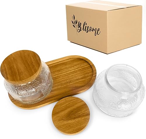 Miniatura 8 de Blisome Juego de 2 tarros de vidrio vintage, tapas y bandeja de madera, recipientes para encimera de cocina, contenedor de almacenamiento para