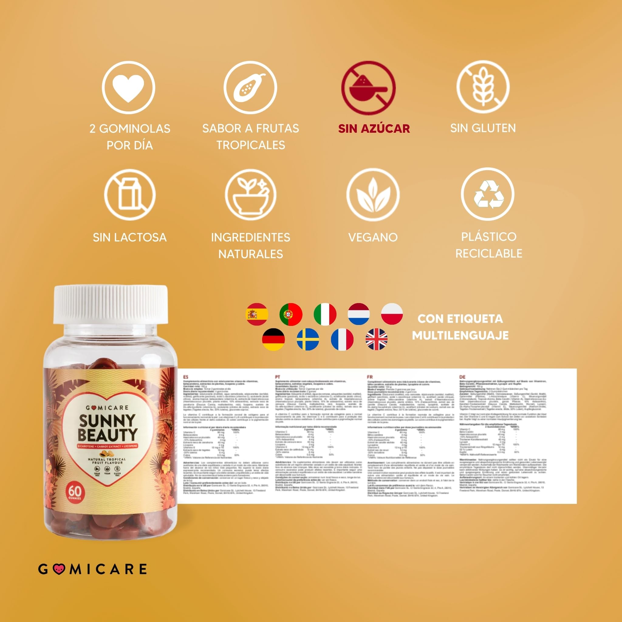 Gominolas bronceadores - Betacaroteno + Astaxantina + Luteina + Licopeno + Cobre - Protege la Piel y Acelera el Bronceado - 60 gominolas - Sin Azúcar - Sin Gluten