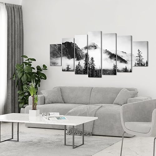 Miniatura 2 de NutArtPic 7 piezas de lienzo de bosque brumoso, arte de pared, diseño de montaña brumosa en blanco y negro, pintura enmarcada del parque nacional