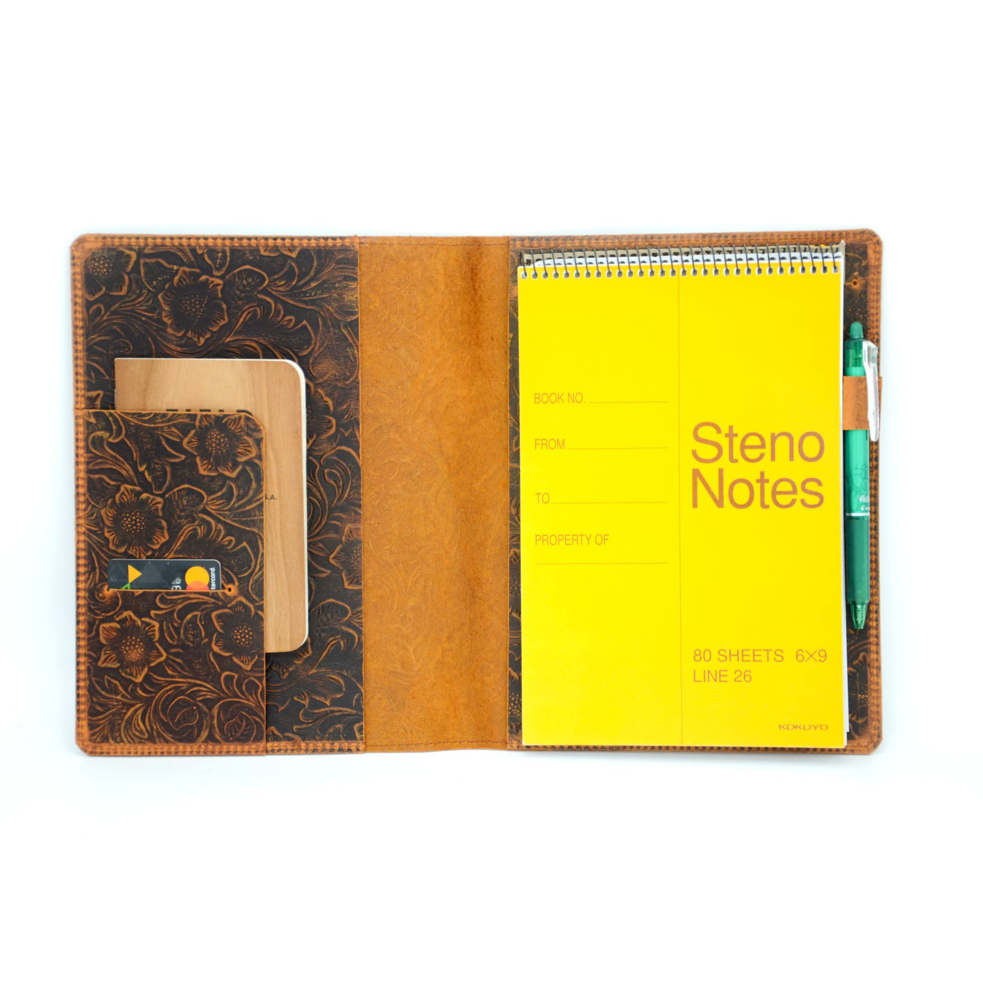 JJNUSA Distressed Genuine A5 Leather Cover Leather Cover Compatible With Steno Notes 6 x 9 Spiral Notebooks Rocketbook Flip Executive 6 x 8.8 (Flower Brown)