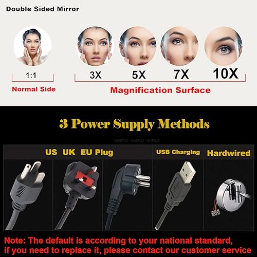 Miniatura 4 de Espejo de maquillaje montado en la pared con carga USB 10X, espejo cosmético con luz y aumento, espejo LED de 8 pulgadas, espejo de doble cara