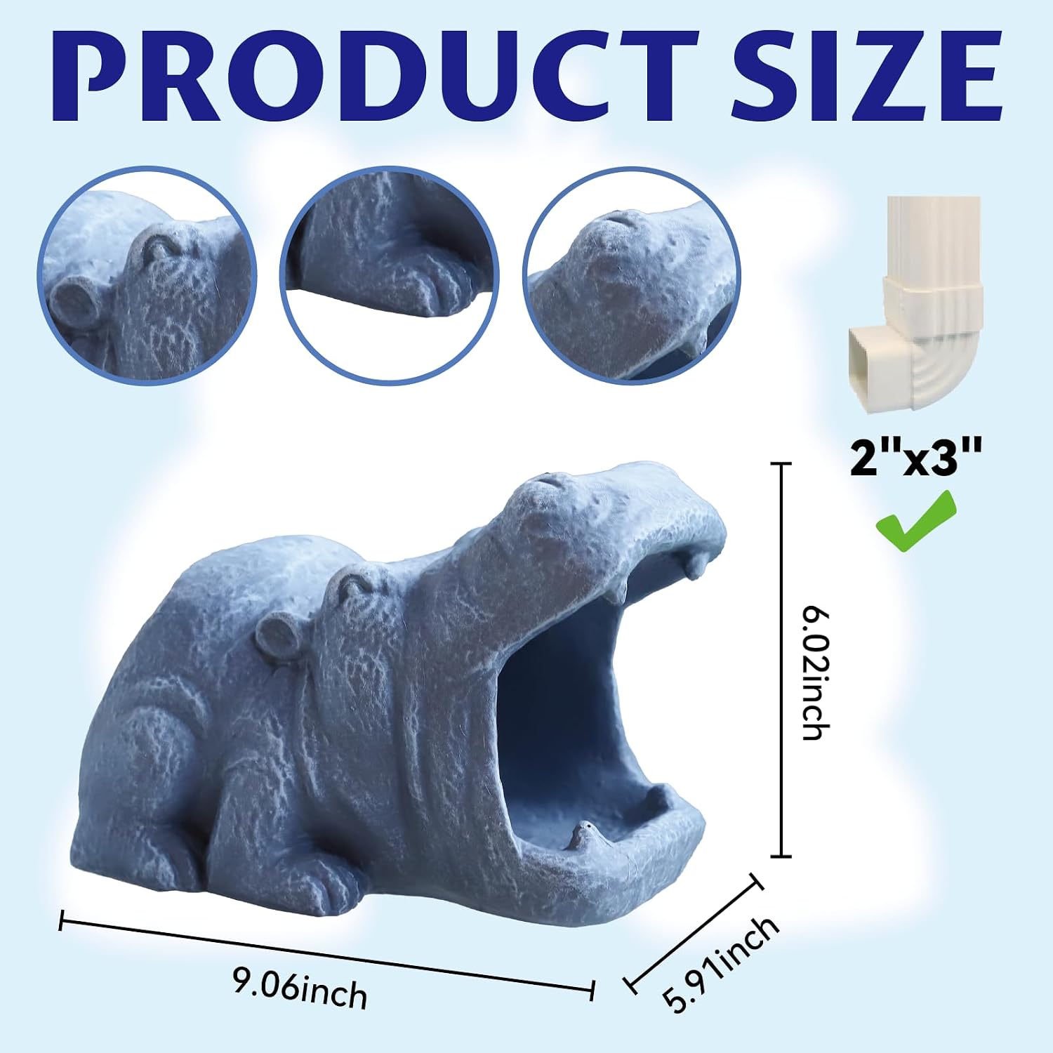 Hippo Downspout Extension 2'' x 3'' Decorative Downspout Extender Diverter Resin Rain Gutter Diverter Outdoor Hippopotamus Sculpture Waterproof Garden Yard Decor Splash Block Stone