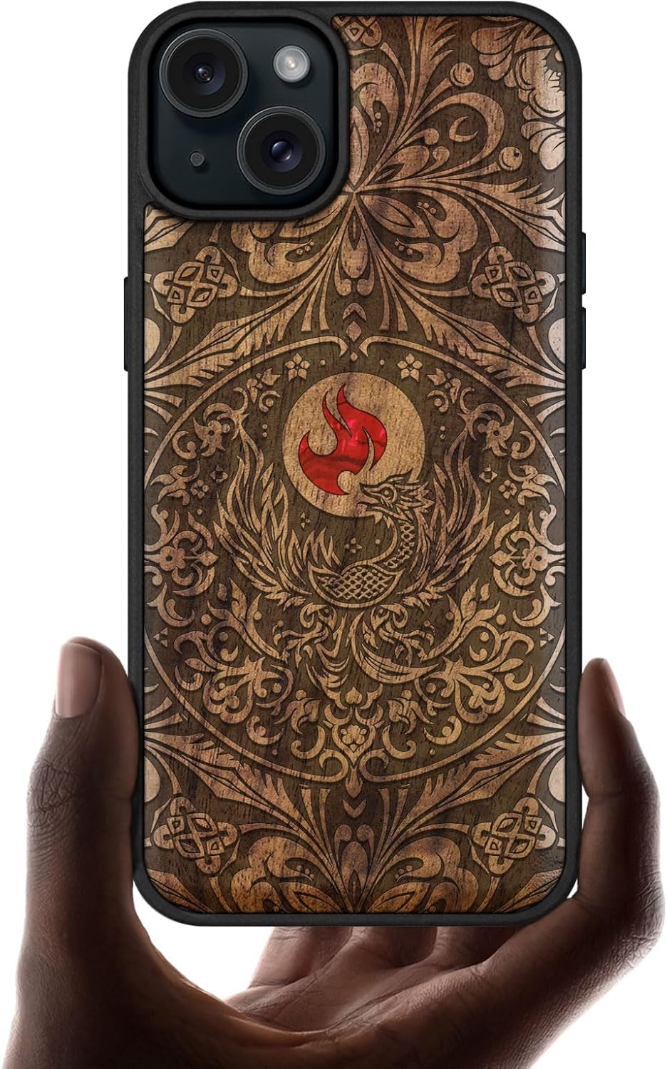 Carveit Wooden Case for iPhone 15 Plus Magnetic Case, Compatible with MagSafe Wireless Chargers, Shockproof Cover, Handmade Shell Inlaid & Wood Artisan Engraved (Phoenix in Symmetry) Cherry