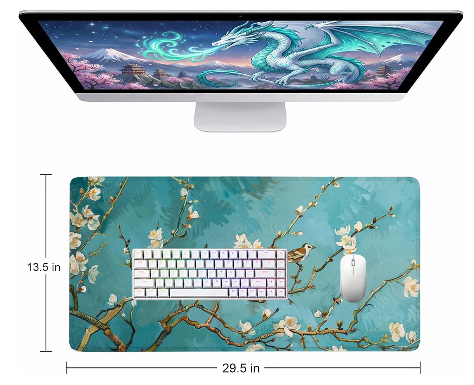 Alfombrilla Ratón XXL 1200 x 600 mm Flores De Durazno Mouse Pad Gaming Blanca Tapete Escritorio Grande, Protector Escritorio Impermeable para Oficina, Protector Mesa Ordenador, Alfombrilla W6-694