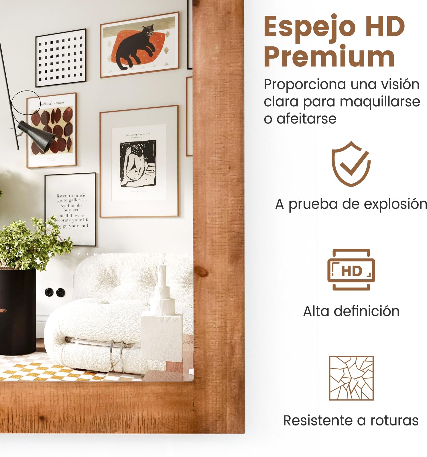 RELAX4LIFE Espejo Decorativo de Pared de 76x55cm, Espejo Pared con Marco de Madera de Abeto y Soporte de Metal para Salón, Dormitorio, Baño, Recibidor y Entrada (Natural)