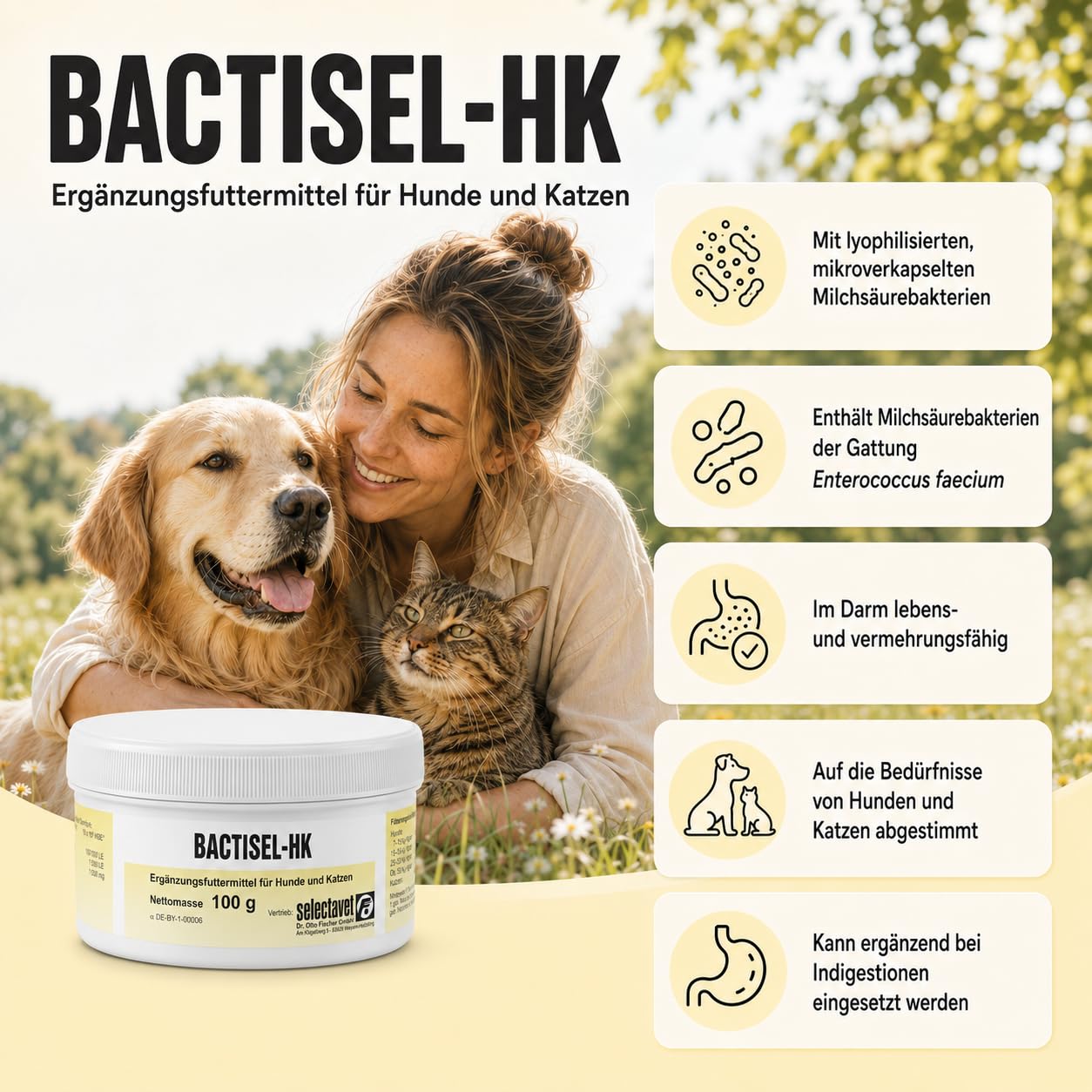 Bactisel HK | Polvo para perros y gatos | 12 x 100 g | con probióticos | Selectavet | Alimento complementario | Para apoyar la función intestinal normal | Paquete de 12