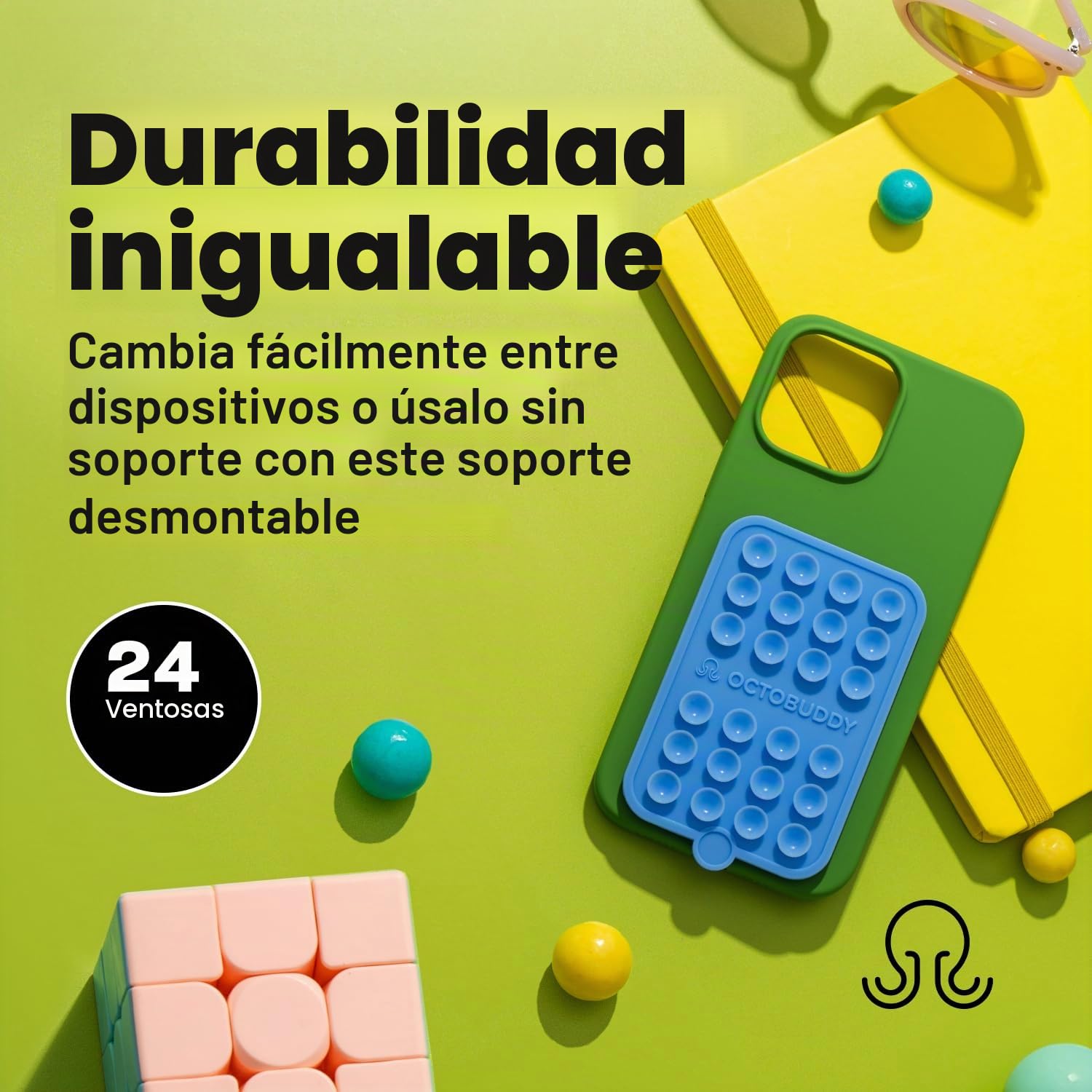 OCTOBUDDY Doble || Funda de Silicona con Ventosa de Teléfono Soporte Adhesivo || Compatible con iPhone y Android, Soporte de Accesorios Móviles Manos Libres Antideslizante para Selfies y Videos (Doble
