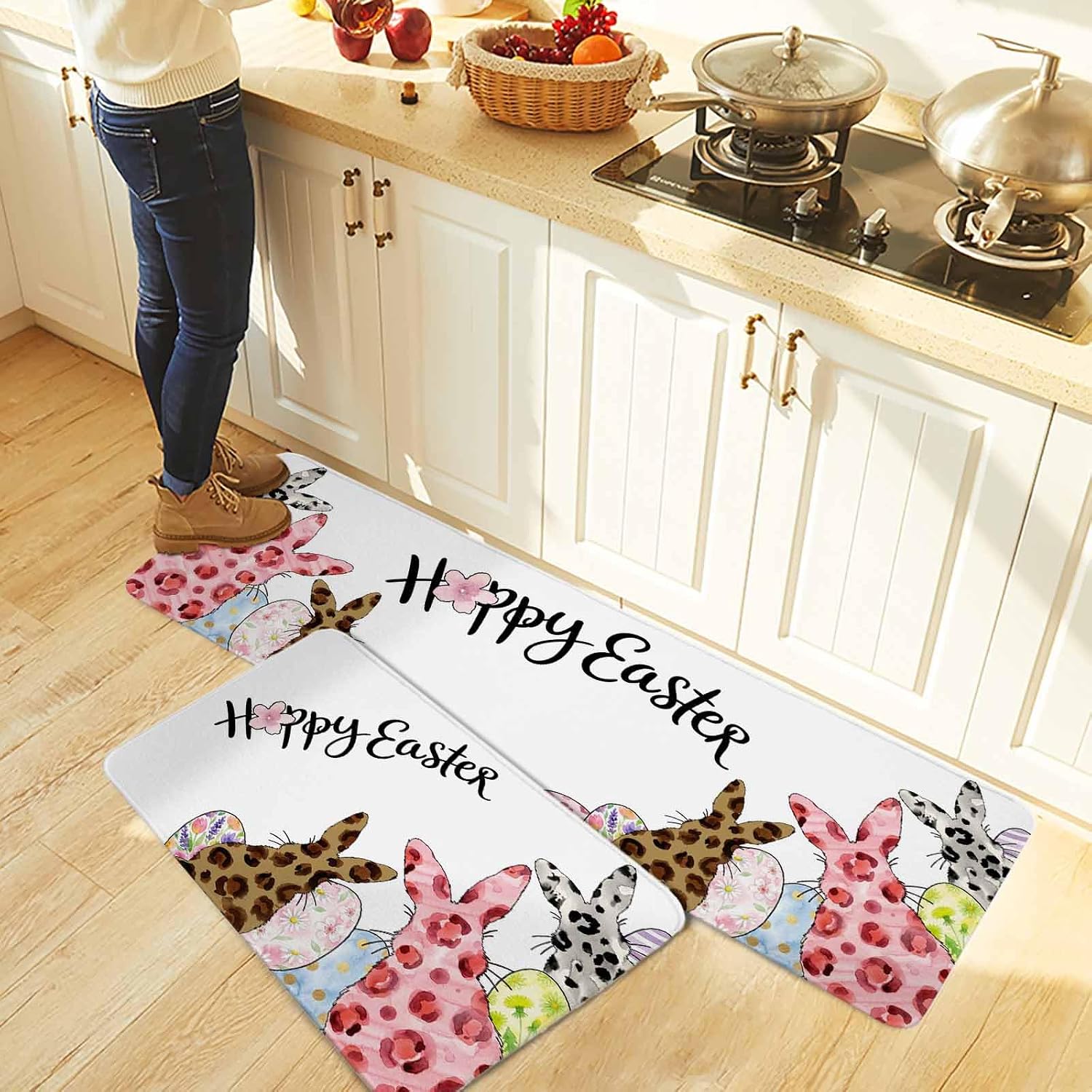 Easter Kitchen Rugs and Mats Set of 2, Non-Slip Kitchen Sink Mat, Spring Watercolor Leopard Prints Bunny Flower Eggs Washable Doormat Bathroom Rugs Runner for Bedroom 19.7"x31.5"+19.7"x47.2"