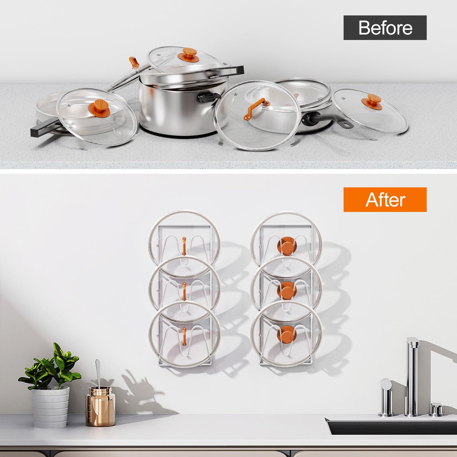 Topfdeckel-Organizer, 6 Ebenen, Topfdeckel-Halter für Schranktür/Wand, kein Bohren, selbstklebend, Wand-/Türmontage, rostfrei, Topf- und Pfannenabdeckung für die Küche, Weiß, 2 Stück