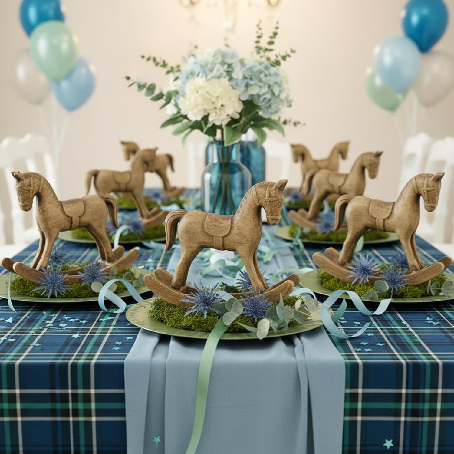 Vicenpal 6 Pack Baby Shower Wooden Vintage Rocking Horse Table Decoration for Blue Green Tartan Plaids Party Centerpiece Rocking Horse Decor for Baby Shower Party Wedding Birthday Decor (Brown)