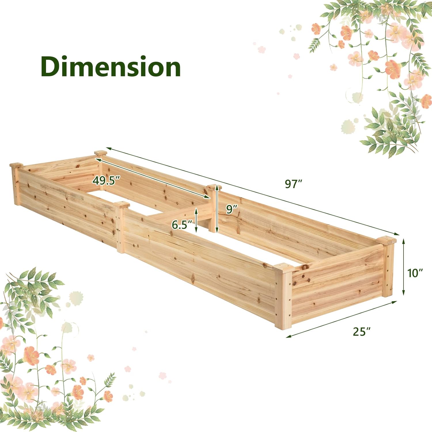 COSTWAY Raised Garden Bed, Wooden Planter Box Stand for Vegetables, Fruits, Herbs, Flowers, Garden Planting Bed Kit for Outdoor, Backyard, Patio, Lawn, 91" x 24" x 9"