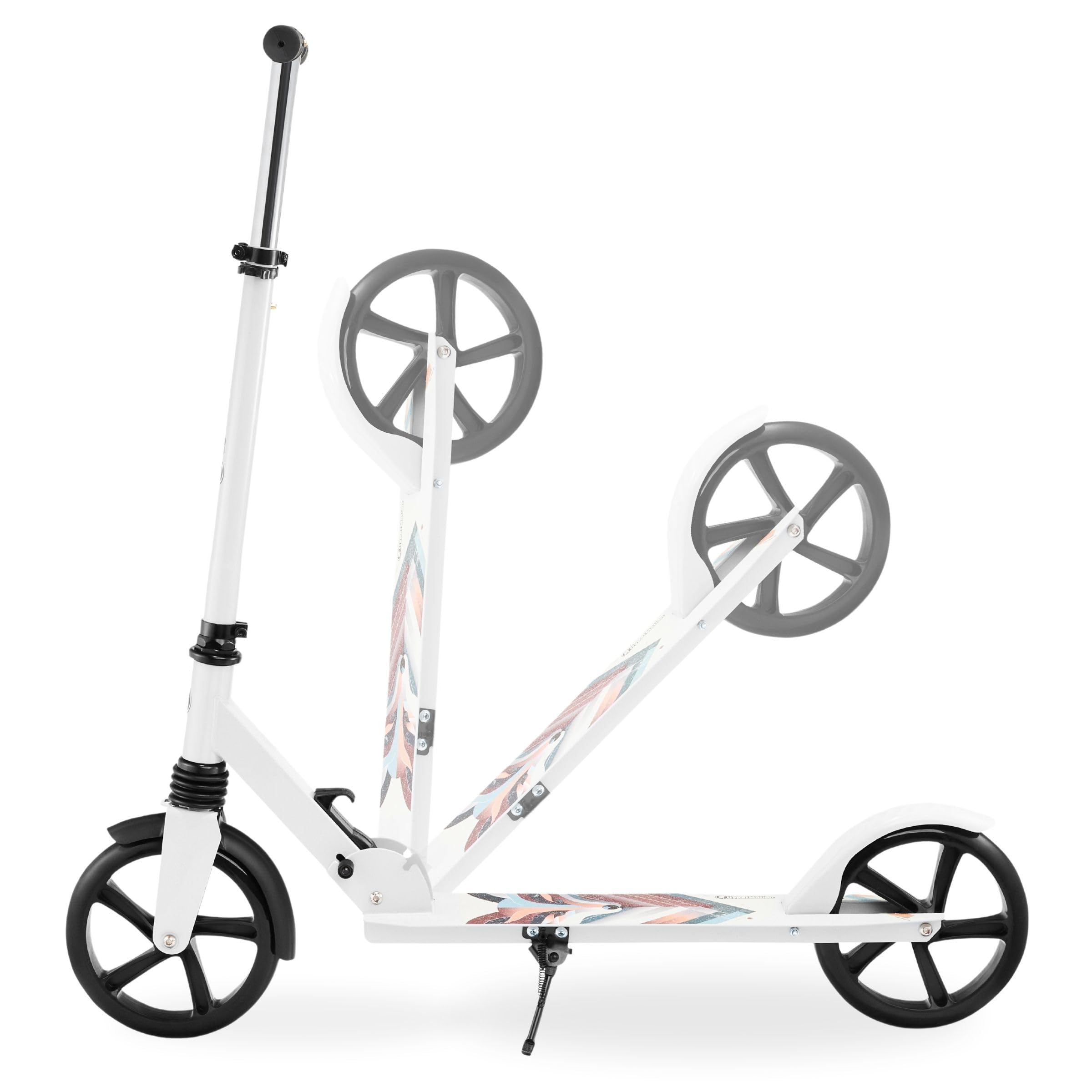 HyperMotion Hulajnoga Dwukołowa dla Młodzieży i Dorosłych, z Amortyzatorem, do 100kg, Regulowana Kierownica 85-95 cm, Antypoślizgowy Deck, Stabilna, Łożyska ABEC-7, Składana, Zimowy Lis