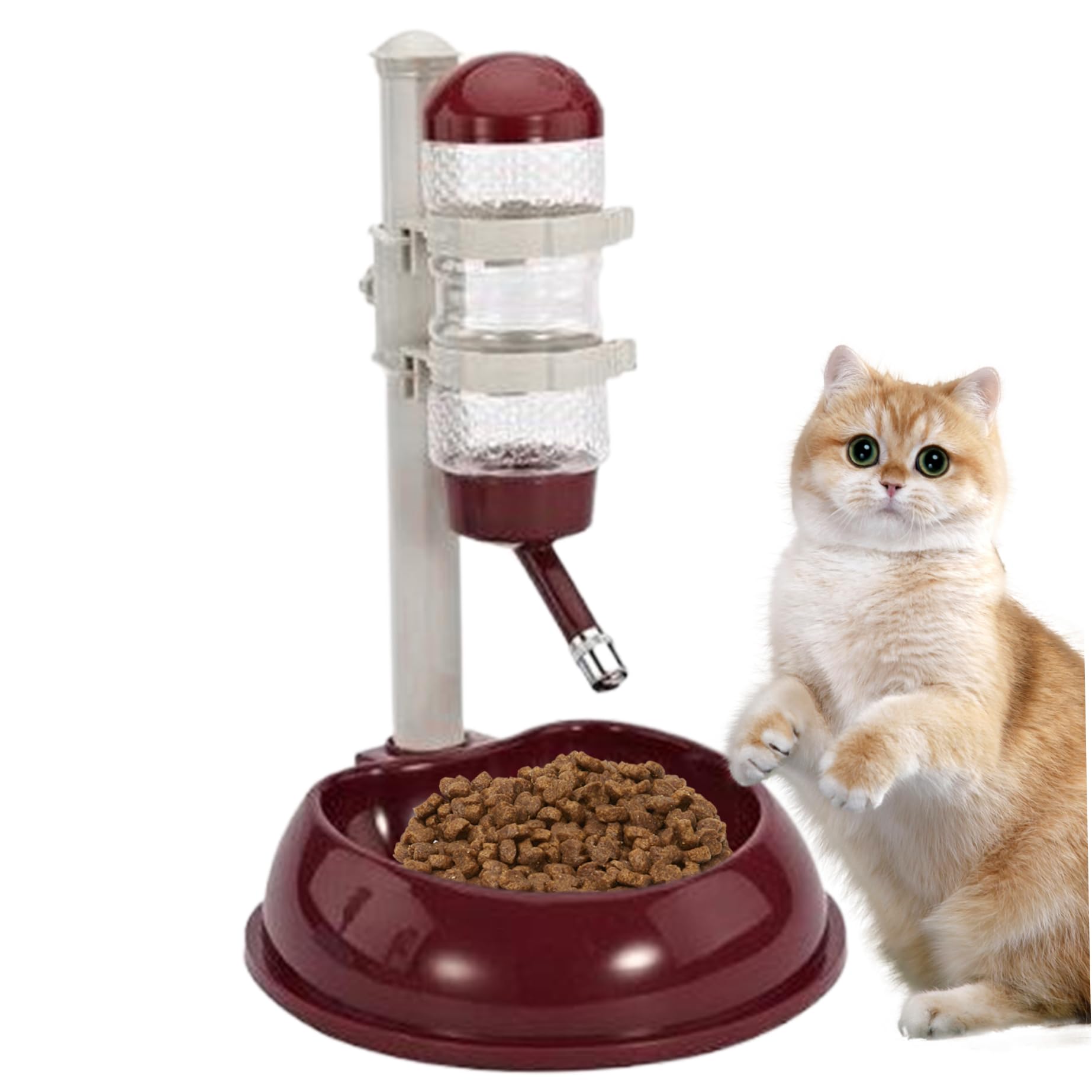 Dog Water Dispenser and Food Bowl, No-Drip Automatic Water Bottle for Dogs Bowl Dispenser with Adjustable Stand, Detachable Pet Cat Dog Crate Water Bowl for Dog and Cat, Wine Red