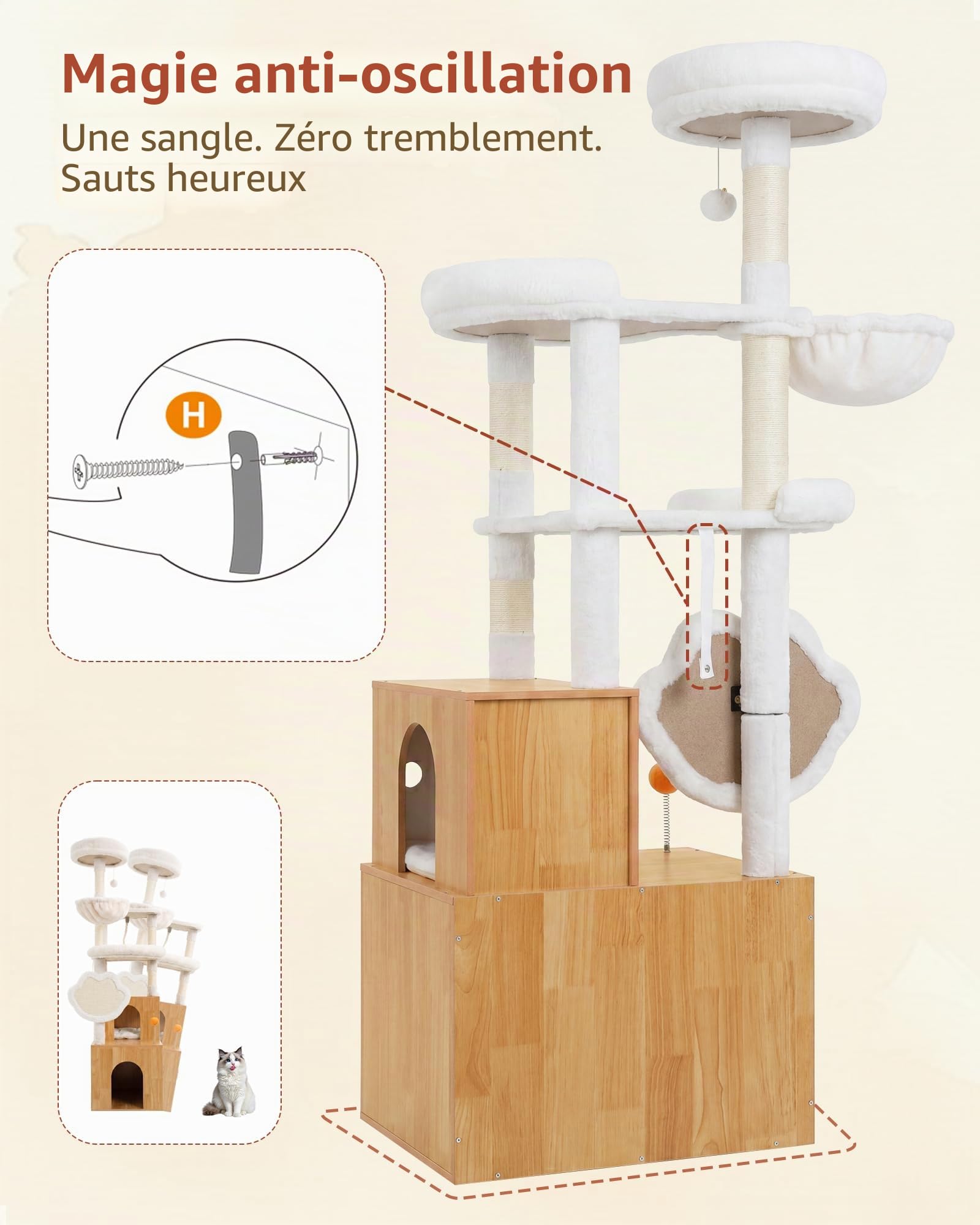 Heybly Arbre à Chat Litière Intégrée 162cm Bois Massif Moderne HCT105WB | Litière Cachée Facile À Nettoyer, Parcours Multi-Niveaux, Griffoirs En Sisal, Couchage Et Jeux Intégrés, Coloris Noyer