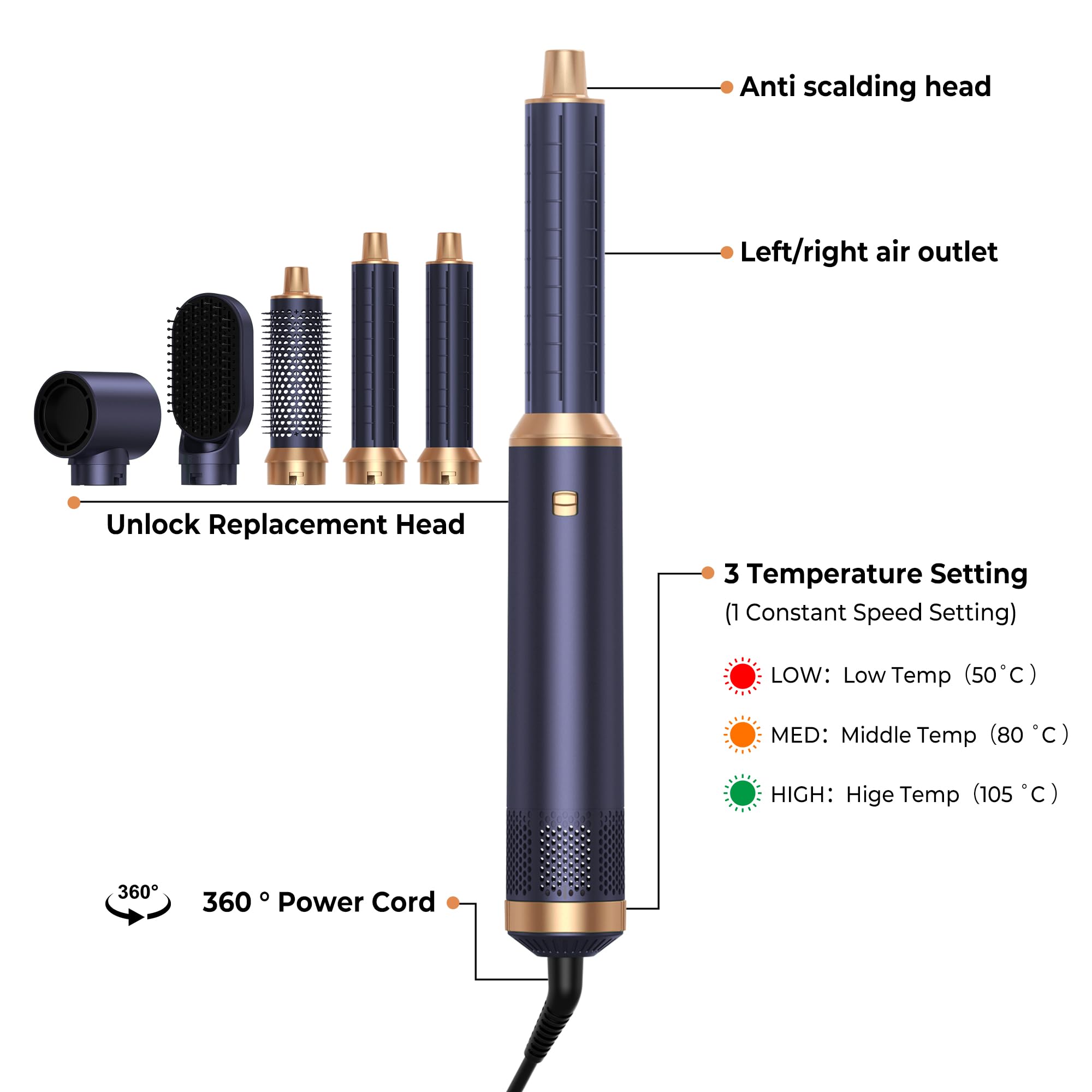 Air Brush 5 en 1 Hair Styler Airbrush 5 en 1 avec Seche Cheveux, Brosse Soufflante, Fer a Boucler, Thermal Brush, Brosse Lissante Seche Cheveux 5 en 1 pour Sécher, Boucler, Lisser