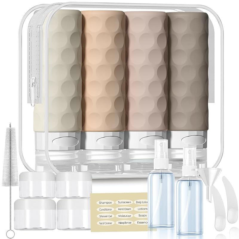 Kit Silevoler com frascos e acessórios reutilizáveis para viagem, 16 peças, creme