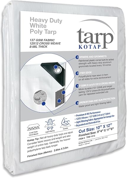 Kotap 10-ft x 12-ft Heavy-Duty 12 by 12 Cross Weave 8-mil White Poly Tarp, Item: TRW-1012 - 1
