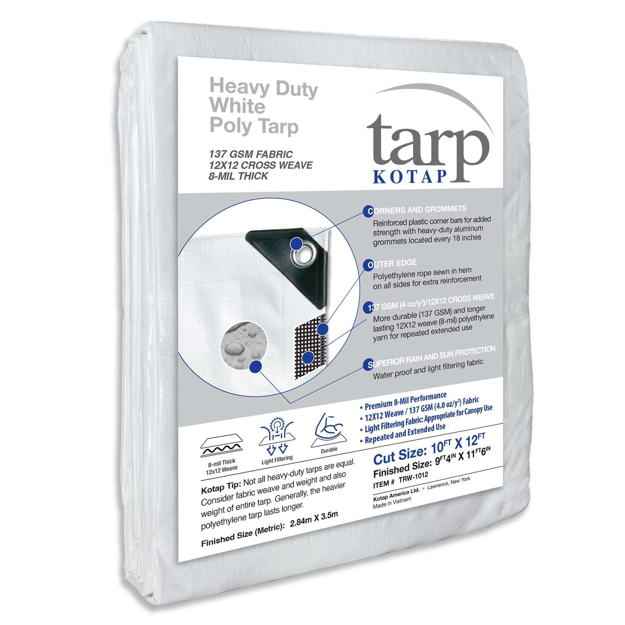 Kotap 10-ft x 12-ft Heavy-Duty 12 by 12 Cross Weave 8-mil White Poly Tarp, Item: TRW-1012 - 1