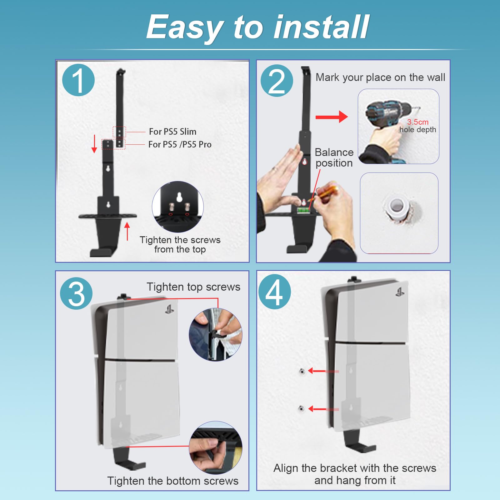 meiboshin PS5 Wall Mount, Heavy-Duty Steel Mount Kit for Protection & Cooling with 2 Controller Holder and Headset Holder,Compatible with All PS5 Models Including Slim, Pro, Original. (Black) — view 8